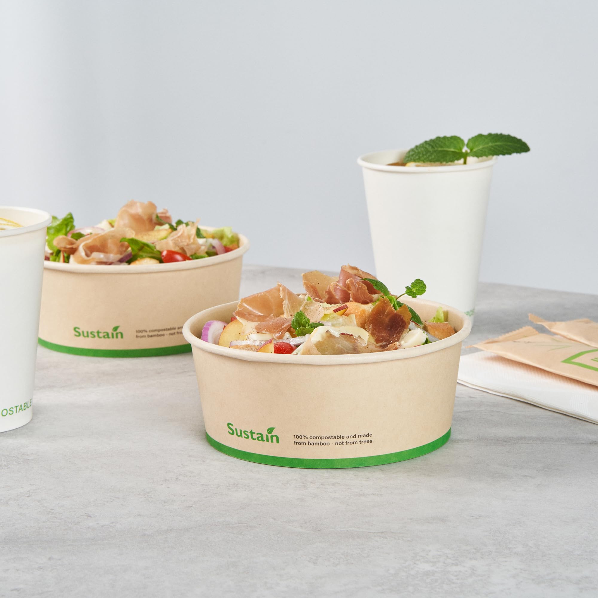 Restaurantware - Cajas de papel resistentes de 25 onzas, 50 recipientes redondos para alimentos, con forro de ácido poliláctico, compostables, contenedores de papel de bambú, desechables, a prueba de