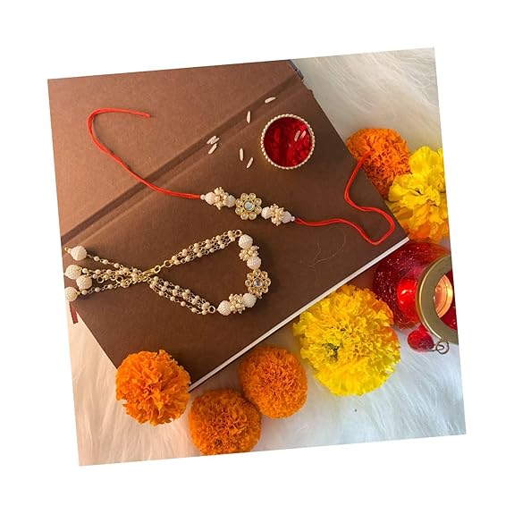 I Jewels Mens Kundan & Pearl Bhaiya Bhabhi Lumba Rakhi Bracelet Combo Set With Roli Chawal & Rakshabandhan Card (R015W-Co)