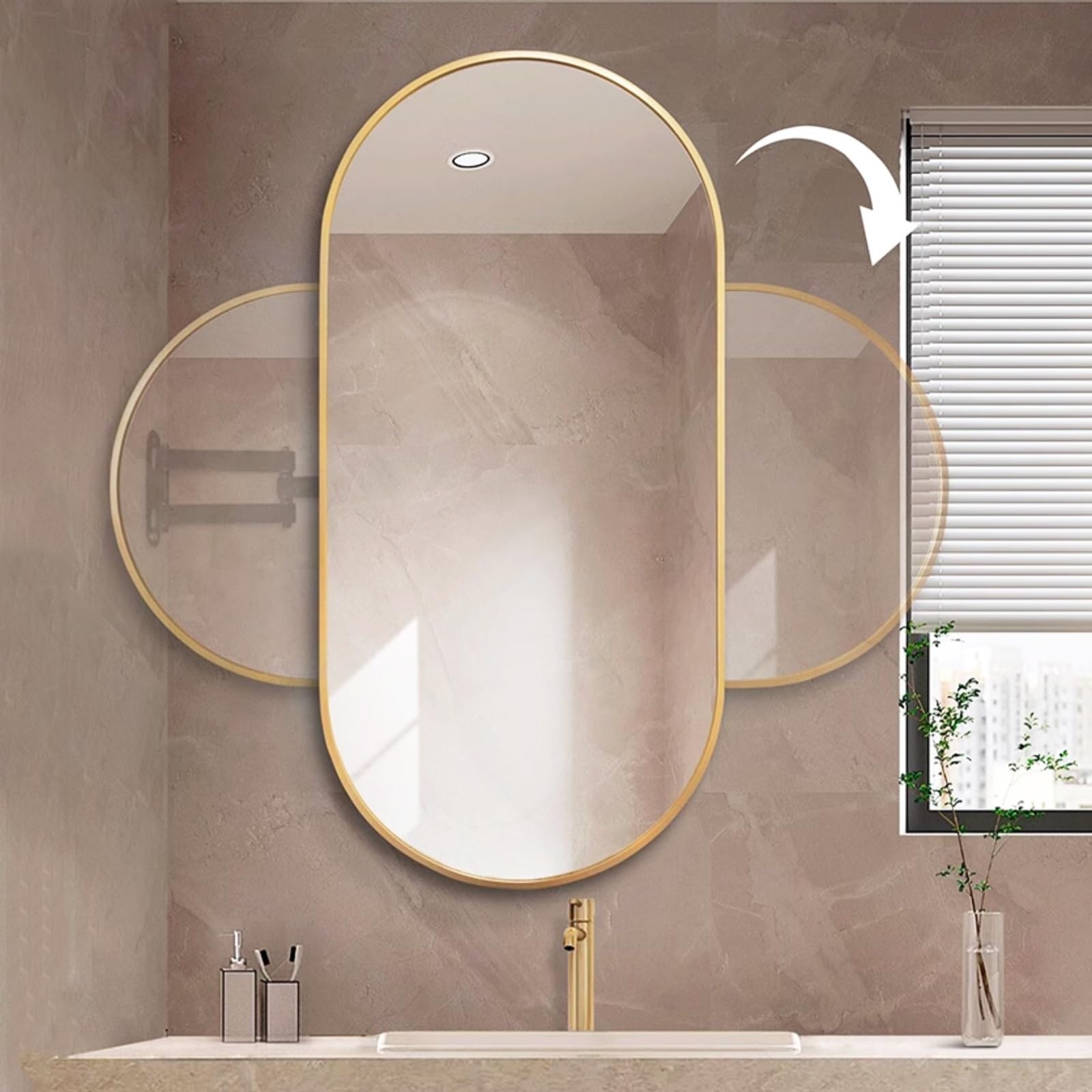 BKSXSOP Gold Oval Corner Mirror, 30x60CM | 40x70CM 50x80CM, 360° Swivel Wall-Mounted Bathroom Aluminum Frame, Vertical & Horizontal, HD Explosion-Proof Decorative Mirror