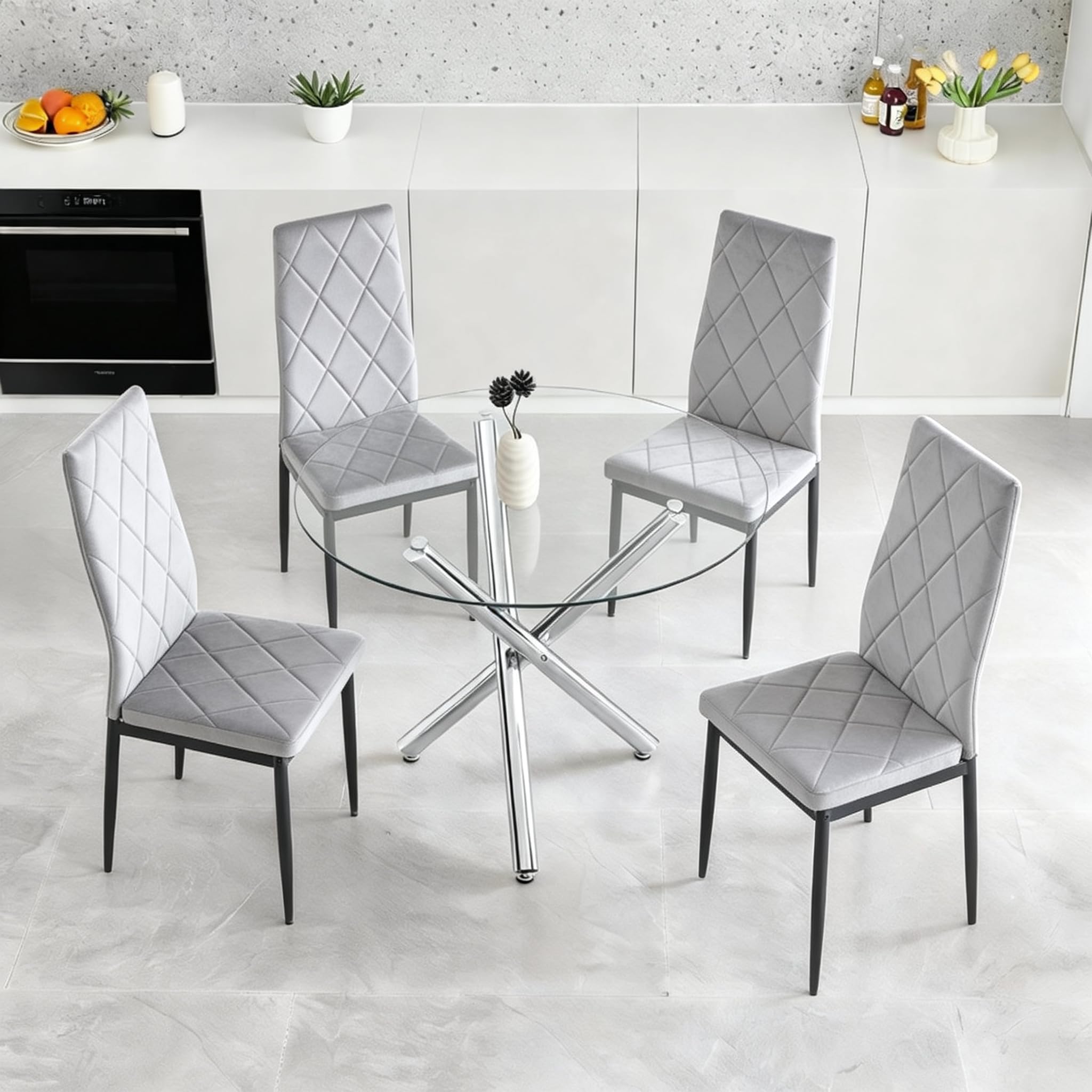 Homullel Round Dining Table and Chairs Set 4 Seater Kitchen Dining Set, 5 Pieces Table & Chairs Dinner Table Set for 4 (90cm Glass Table with 4 Chairs, Flannel Gray #2)