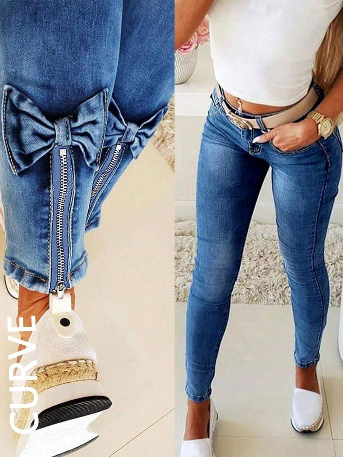 Womens Low Waisted Skinny Jeans Soft Washed Ankle Pants Bow Zipped Trouser Leg Opening Trendy Pants - Image 2