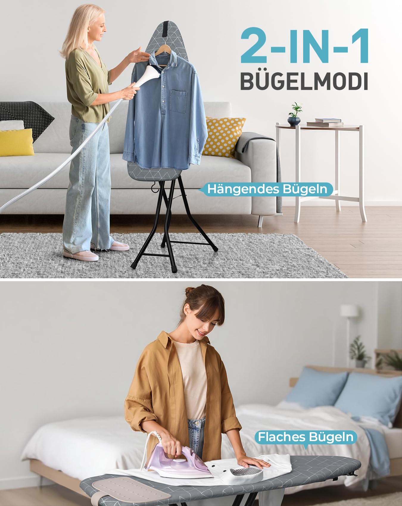 LyriFine Bügelbrett mit Bügeleisenablage, 2-in-1 Bügeltisch für Dampfbügeln & klassisches Bügeln, hitzebeständige Auflage, klappbar mit Haken, Stabiler Stahl, Bügelbrett für Dampfbügelstation, grau