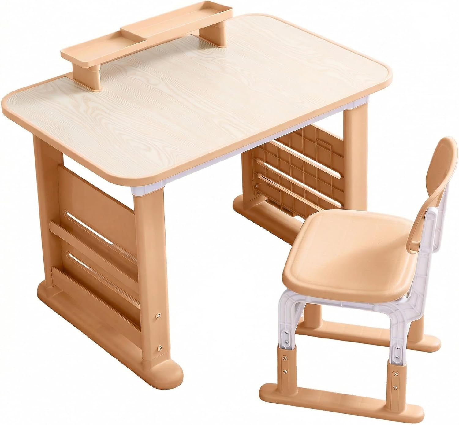Kids Desk and Chair Set, Height Adjustable Kids Table and Chairs, Study Table for 3-12 Years Boy and Girl, Student Writing Desk with Side Bookshelf and Storage for Bedroom/Study Room/School