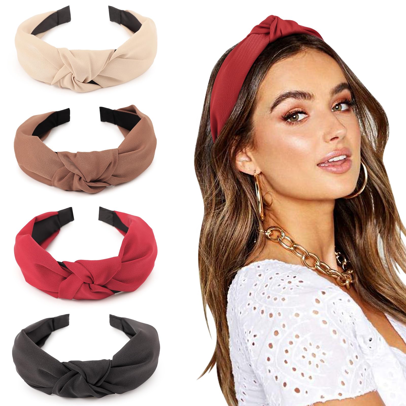 AQOKKA Knotted Headbands for Women Girls Non Slip Boho Wide Top Knot Turban Hairbands Fashion Ribbing Head Wraps