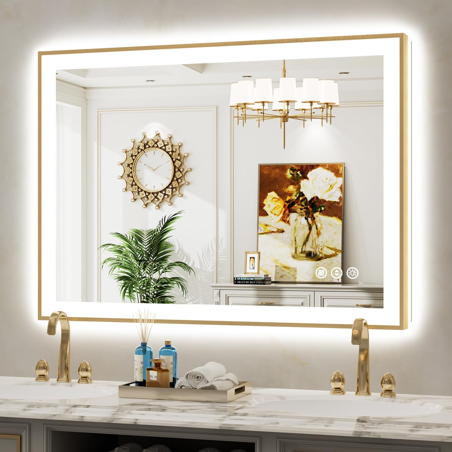 44x32 LED Bathroom Mirror with Lights, Gold Framed Lighted Mirror