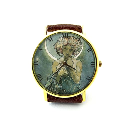 Miniatura 2 de La Luna Leather Watch, Moon Goddess Ladies Watch, Mucha art Watch, Unisex Watch, Moon Goddess Jewelry, Vintage Style Jewelry P322