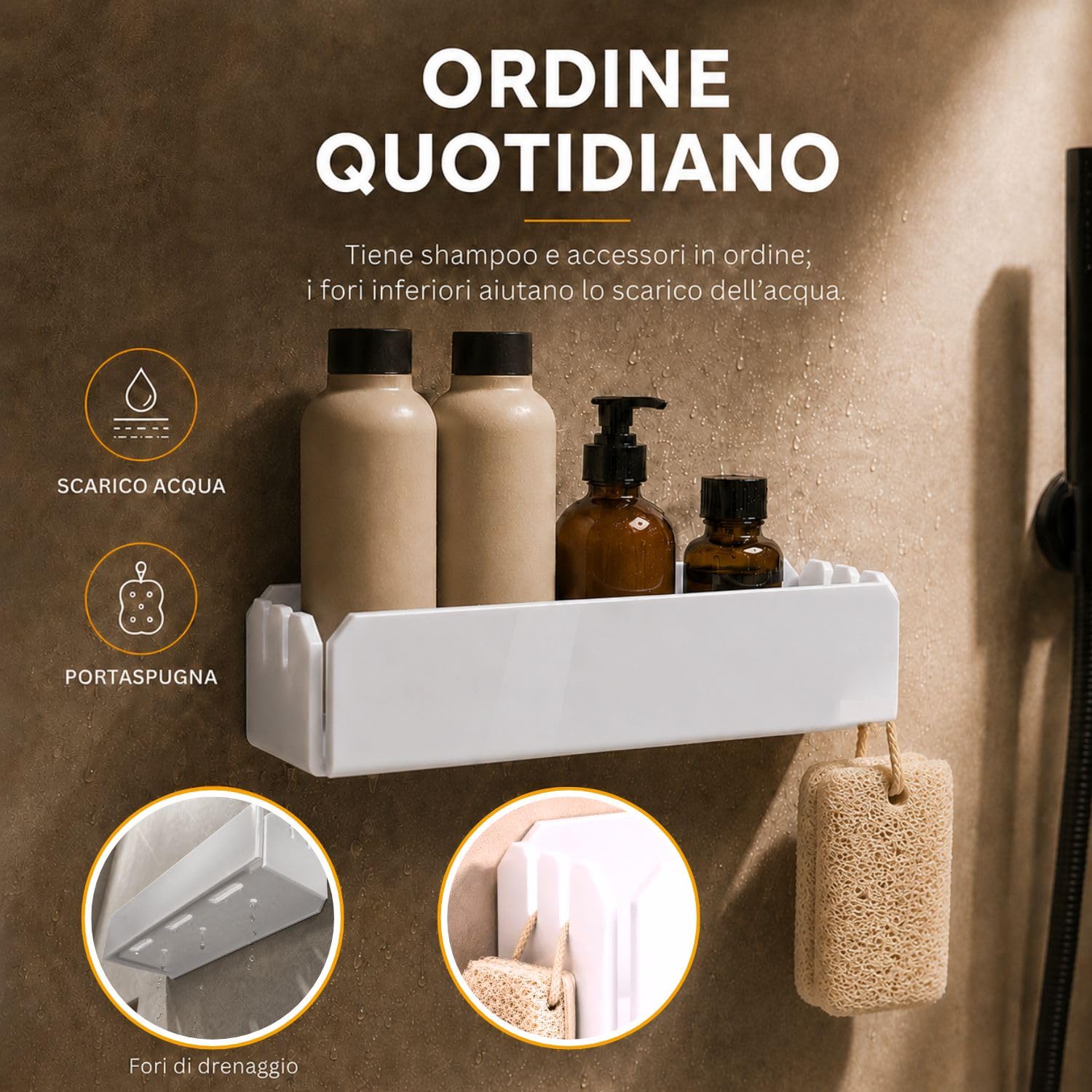 Agplex Mensola Doccia Senza Foratura 30 cm Bianco Lucido, Porta Shampoo Doccia Senza Forare in Acrilico PMMA, Portasapone Doccia Senza Forare con Portaspugna, Supporto Bagno Adesivo Senza Fori
