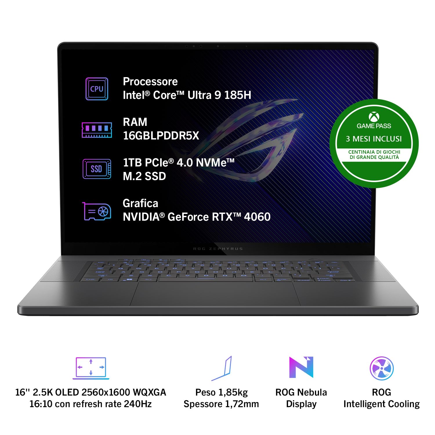 ASUS ROG Zephyrus G16 GU605MV#B07MP96T1Z, Monitor 16" 2,5K OLED con tecnologia ROG Nebula Display, Intel Core Ultra 9 185H, RAM 16GB, 1TB SSD PCIE, NVIDIA GeForce RTX 4060 8GB, Windows 11 Home, Grigio