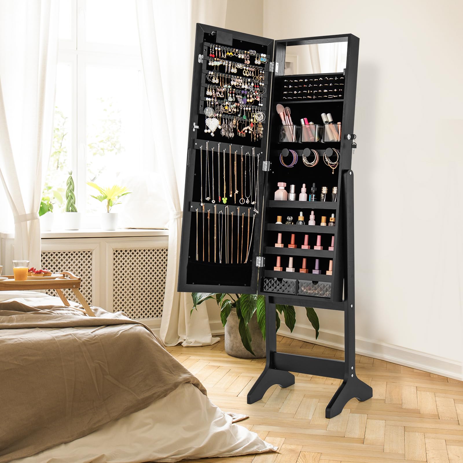CHARMAID Jewelry Cabinet with Full Length Mirror and Warm Lights, Lockable Jewelry Armoire with Storage, 4 Tilt Angles, Standing Jewelry Organizer with Makeup Mirror for Girls Bedroom (Black)