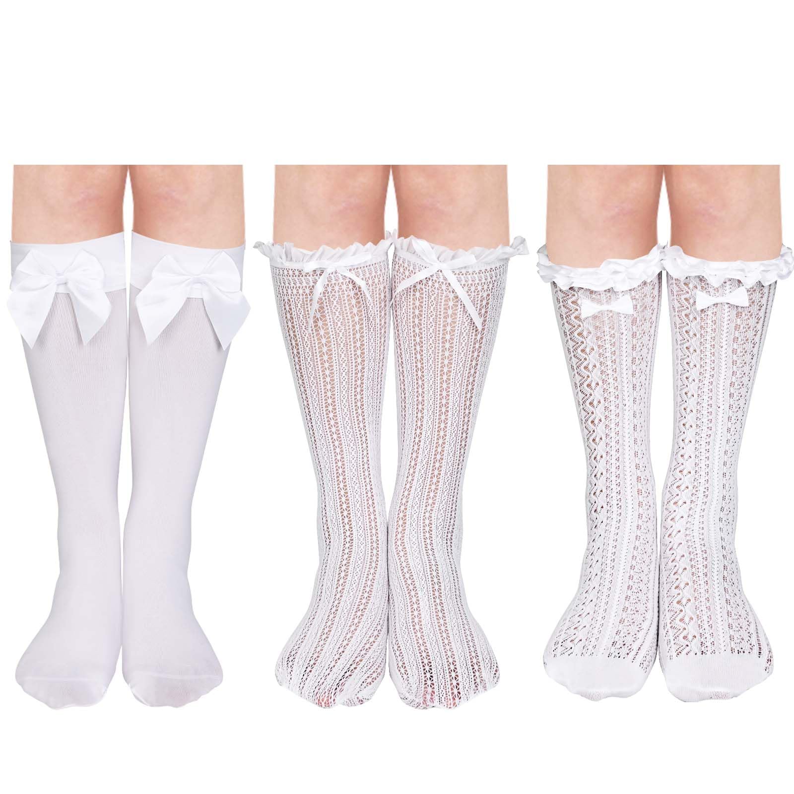 Honic3 Pair Oktoberfest Socks Women Long Socks with Bows Lace Trim Ruffle and Satin White Stockings Oktoberfest Knee High Socks for Women Lolita Student