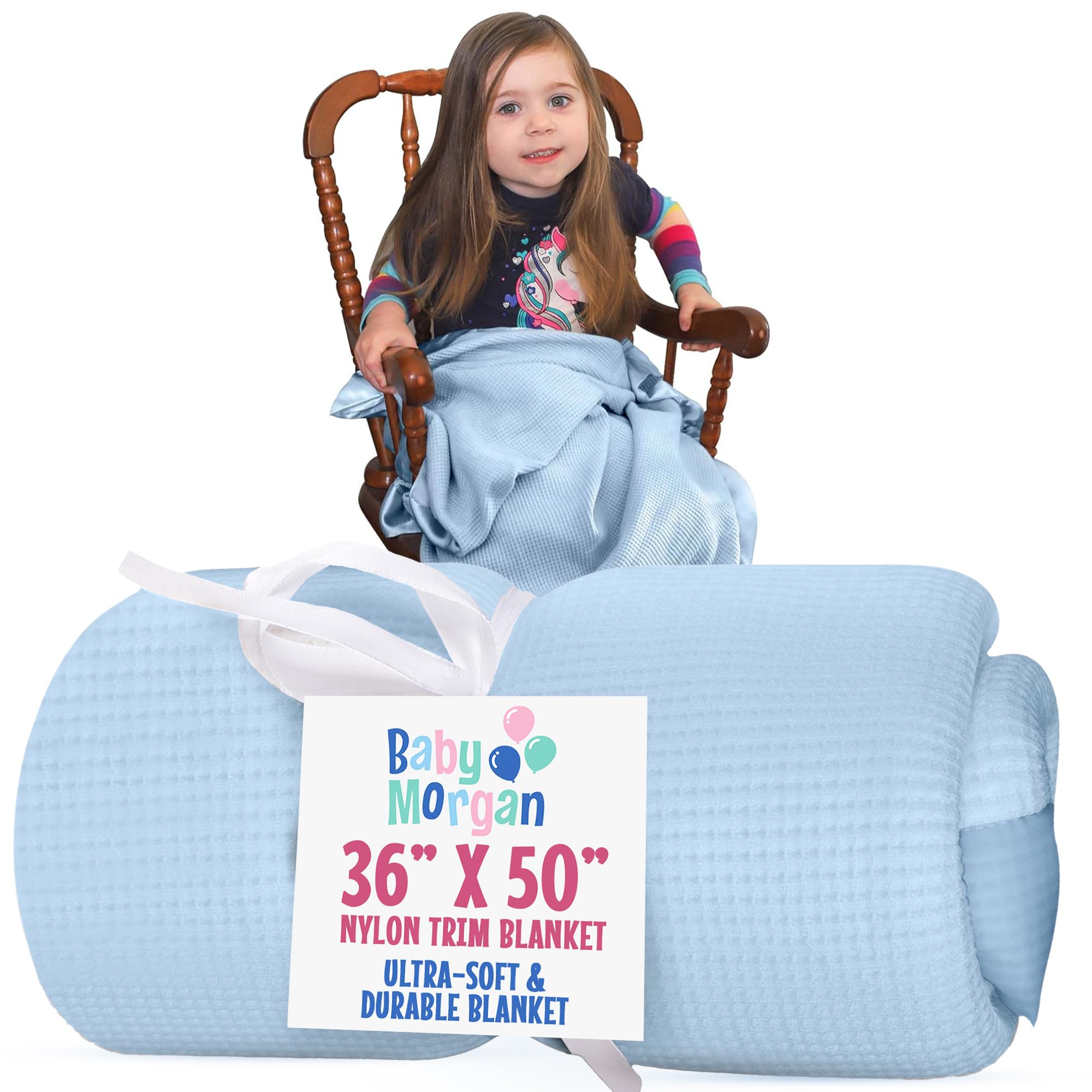 Thermal Waffle Knit Baby Blanket Nylon Trim Blue 36" x 50"