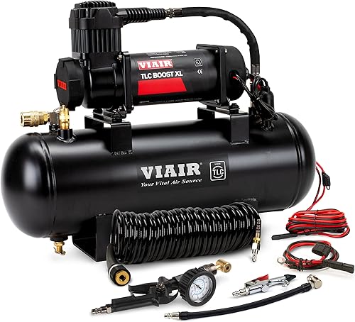 VIAIR TLC BOOST XL - Kit de fuente de compresor de aire – Inflador de neumáticos de 150 PSI con tanque de 2 galones, pistola de soplado, puntas de
