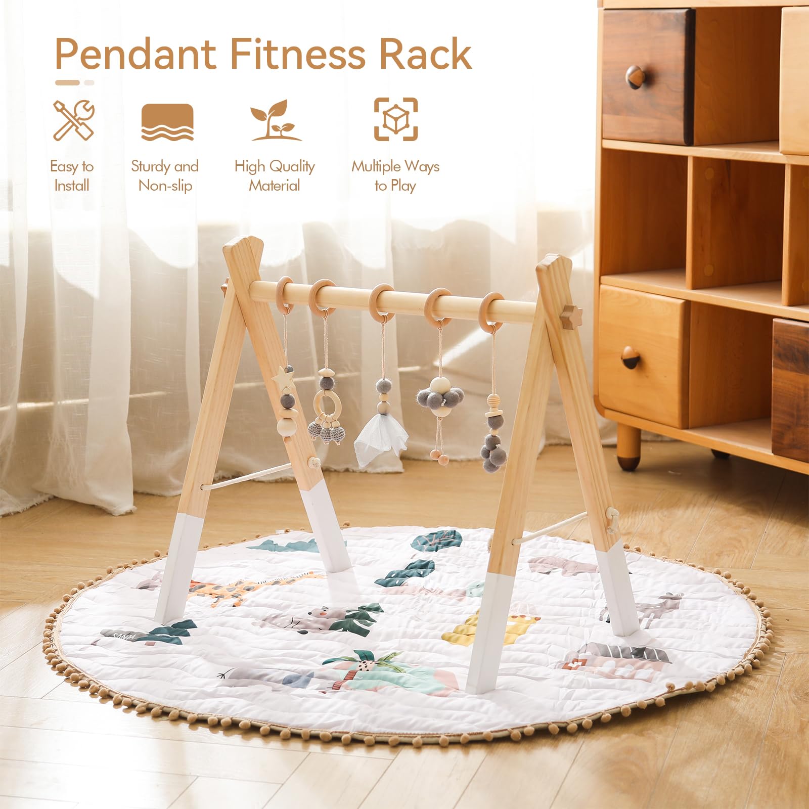 Promise Babe Wooden Baby Play Gym Arch with 5 Detachable Sensory Toys, Gray Cotton Pendant Design, Newborn Baby Essentials - Image 4