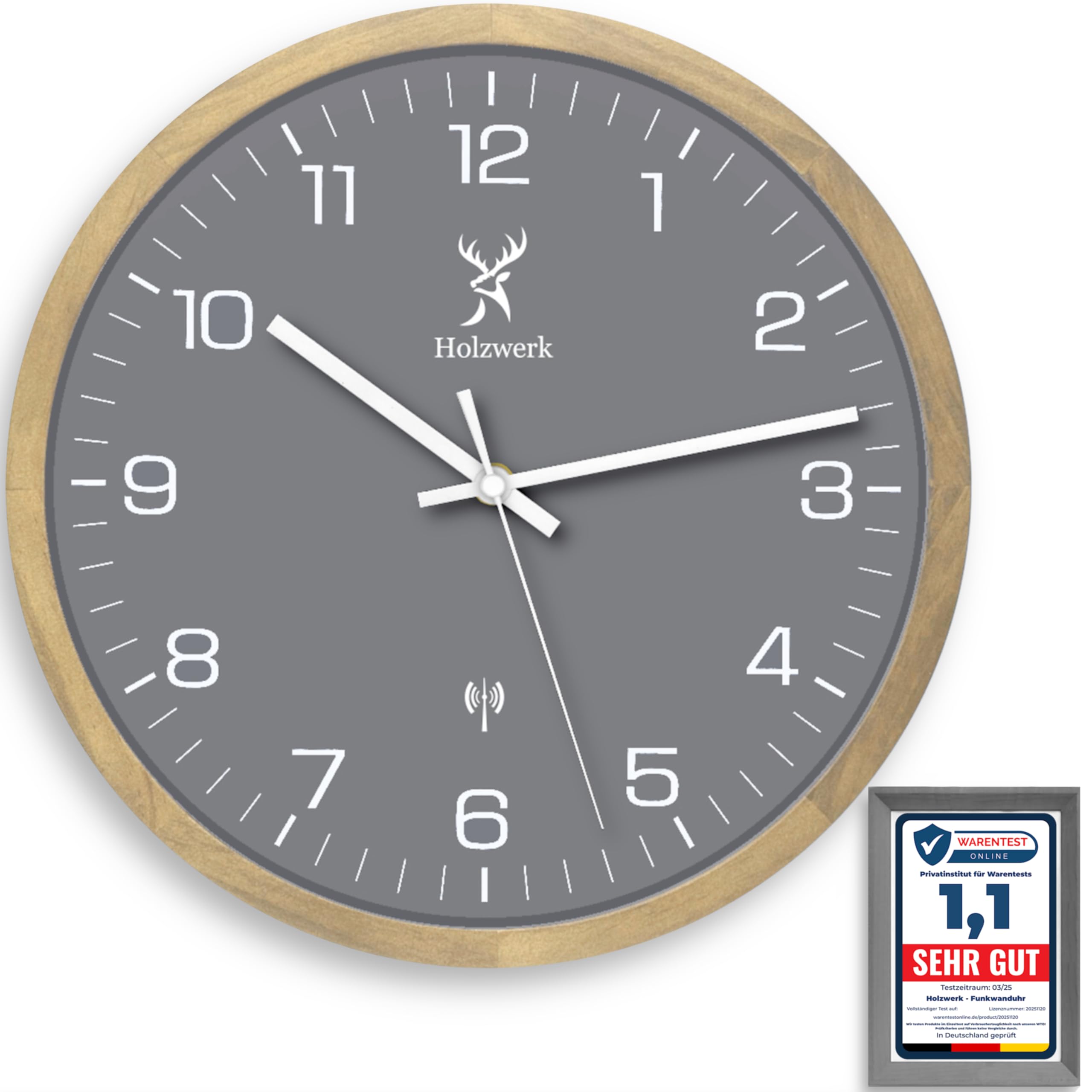 Holzwerk HARBURG Funk Natur Holz Funkwanduhr Wanduhr Holz-Uhr Vintage Funkuhr lautloses Uhrwerk ohne Tickgeräusche Buche Braun Grau Weiß lautlos aus handgefertigtem Massivholz 30 cm