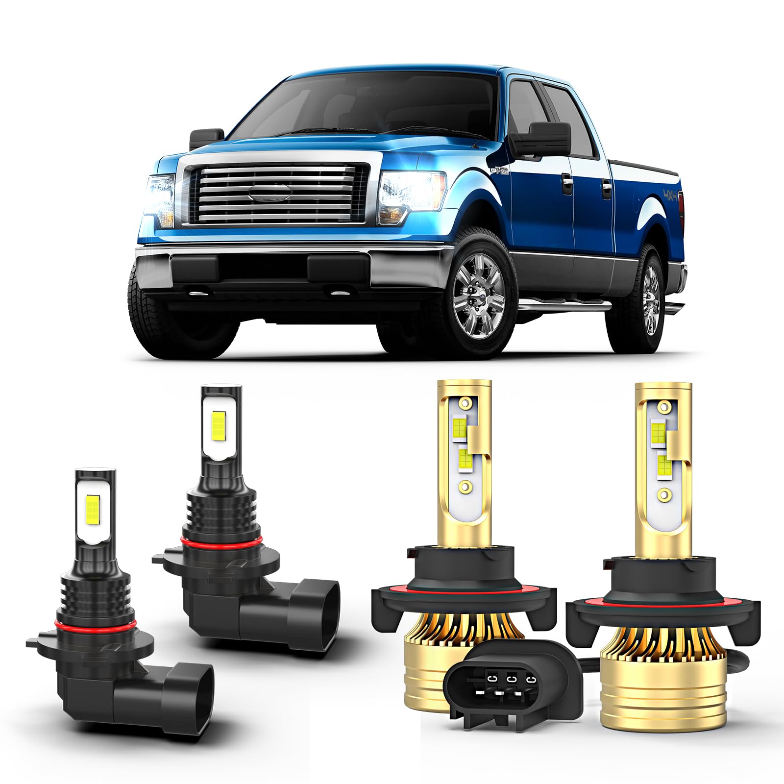 cayrsk For Ford F-150 2004-2014 White LED light bulb Hi/Lo + Fog Light 4 Bulbs Combo kit 6000K H13 9008 Bulbs + 9006/9145 Fog Light Bulbs Ultra Bright,Plug and Play