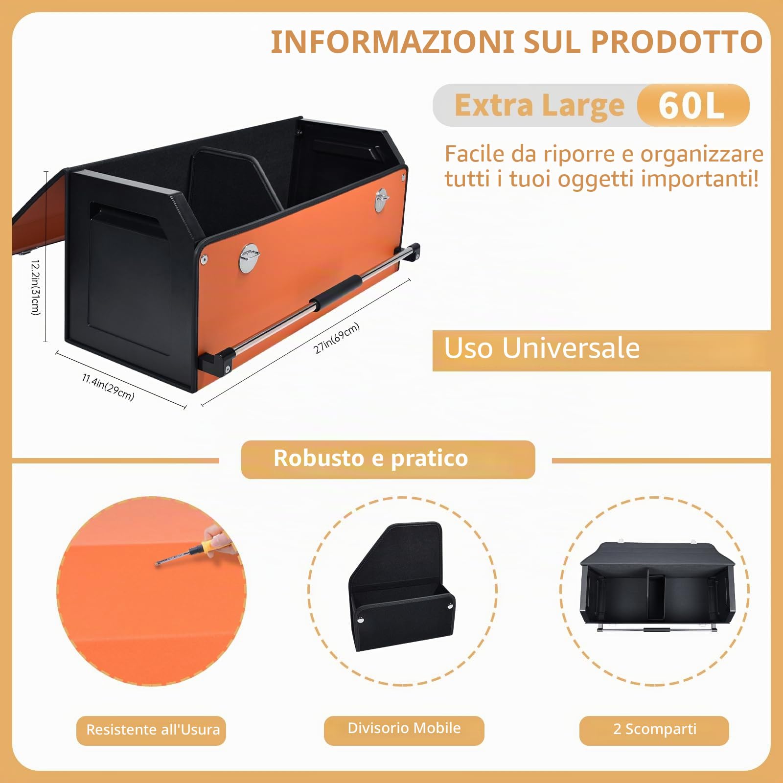 Organizer Bagagliaio Auto, Maniglia Push-pull, Cuoio Pieghevole 2 Scomparti Organizer Auto Bagagliaio, Adatto per Tutti i Tipi SUV, Minivan (69 * 29 * 31cm)