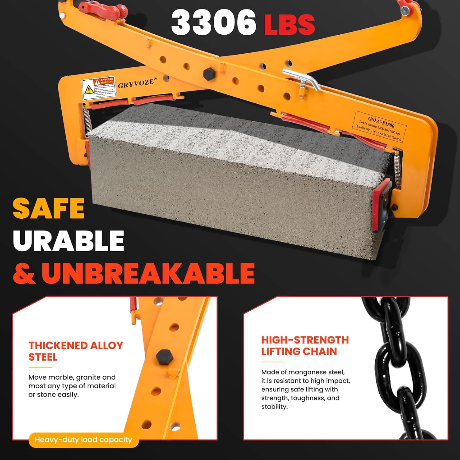 3306 lbs Granite Slab Lifting Clamp, Adjustable Range: 26"-49.6", Heavy Duty Stone Lifting Clamps for Carrying and Vertical Transport of Marble, Concrete Blocks, Slate Sheets, Curb Stones