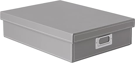 Osco Faux Leather A4 Document Storage Box with Lid, Stackable Desk Paperwork Organiser for A4 Files Envelopes, Durable Filing Solution for Home or Office, 8.5×25×33.5 cm, Grey