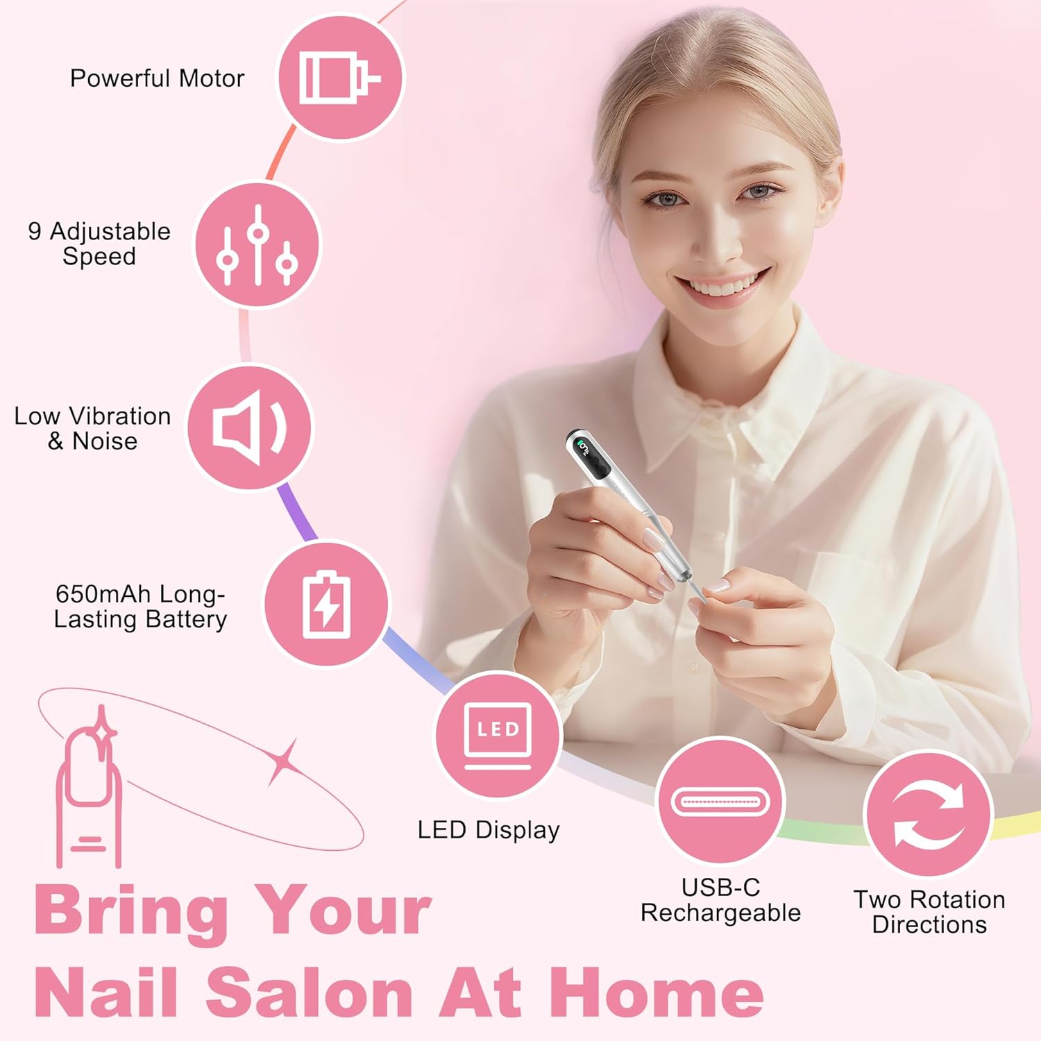 Diagram showing key features of the HEBECA electric nail drill: powerful motor, 9 adjustable speeds, low vibration & noise, 650mAh long-lasting battery, LED display, USB-C rechargeable, and two rotation directions.