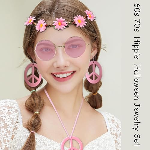 Miniatura 3 de Accesorios de disfraz hippie para mujer, aretes de signo de paz, collar, diadema de flores, lentes de sol de los años 60 y 70