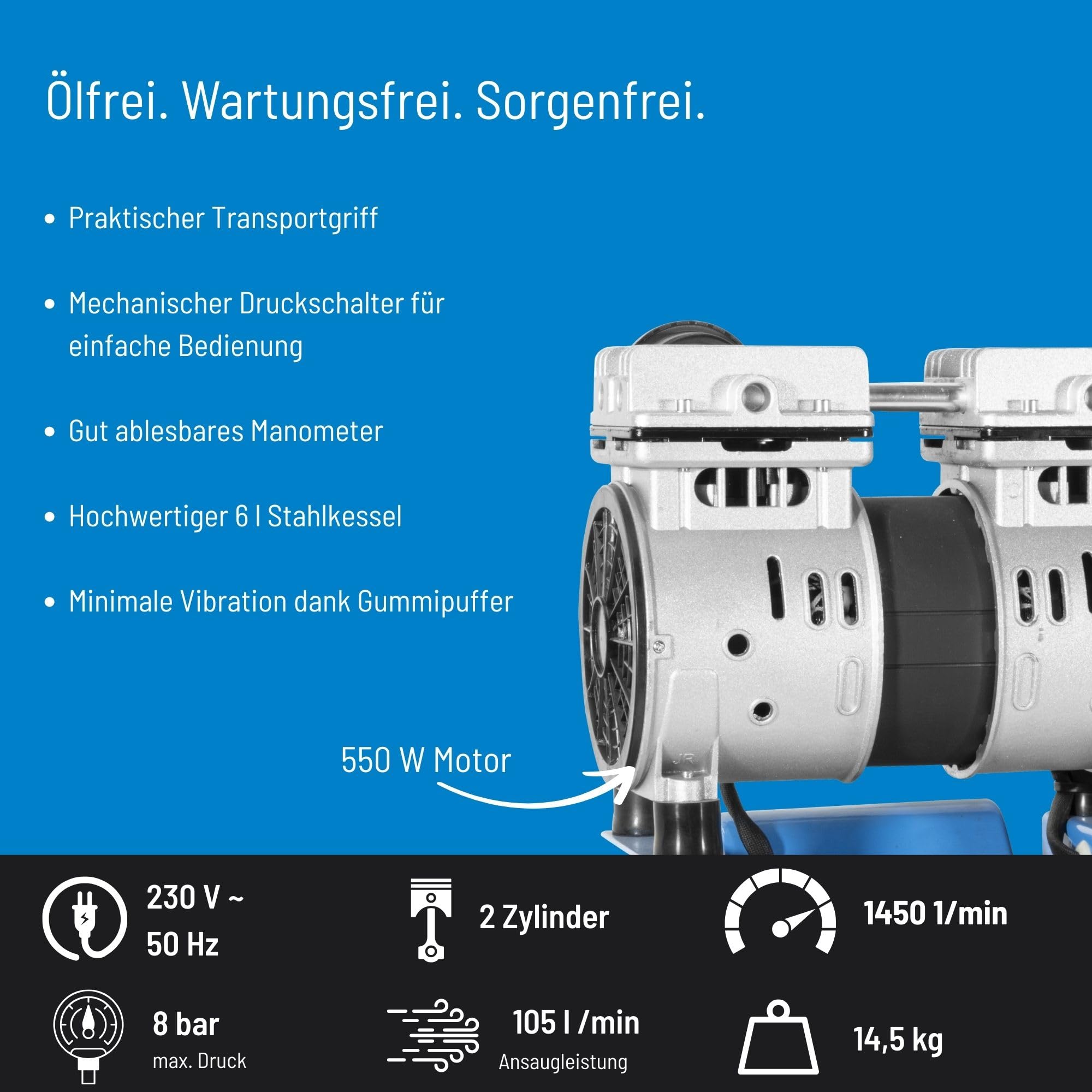Güde Kompressor Airpower 105/8/6 SILENT (ölfrei, flüsterleise, nur 59 dB(A), max. 8 bar, 550 W, 6 l Kessel, Liefermenge 94 l/min, Druckminderer, Manometer, Sicherheitsventil & Wasserablassschraube)