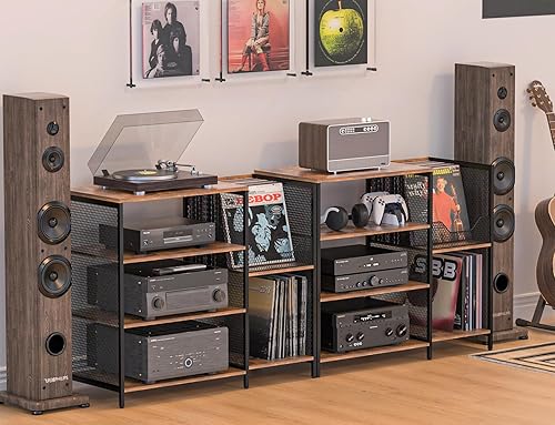 Miniatura 2 de Mesa grande para tocadiscos con soporte para discos de vinilo de hasta 150 unidades, soporte para medios AV, estante estéreo con almacenamiento,