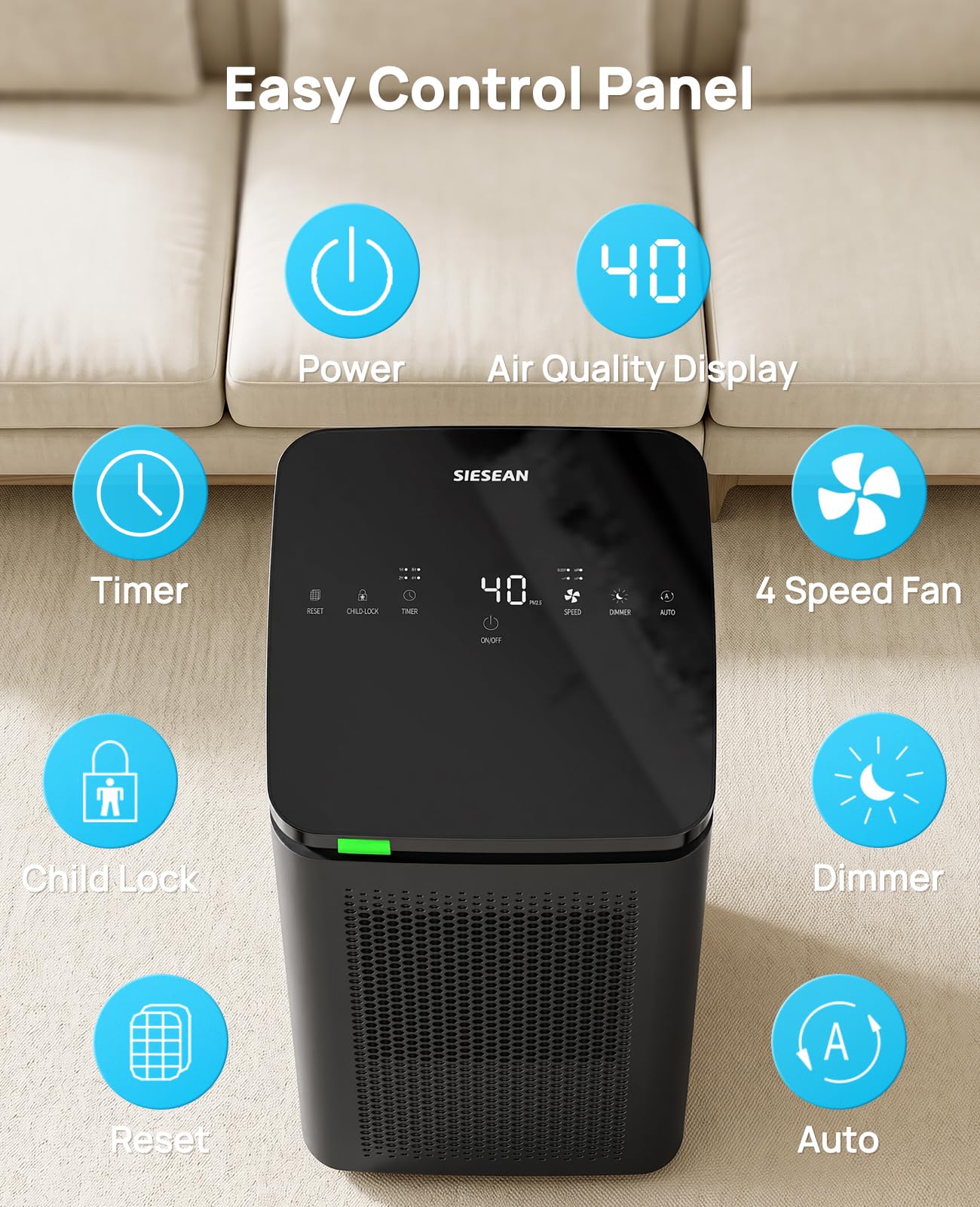 Purificador de aire para habitaciones grandes, modo de suspensión
