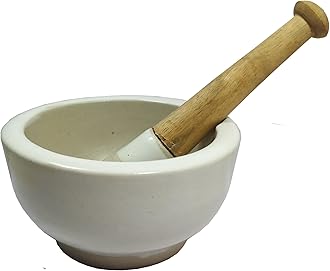 Porcelain Mortar & Pestle, Ukhali Masher Set, 5 inches, White.