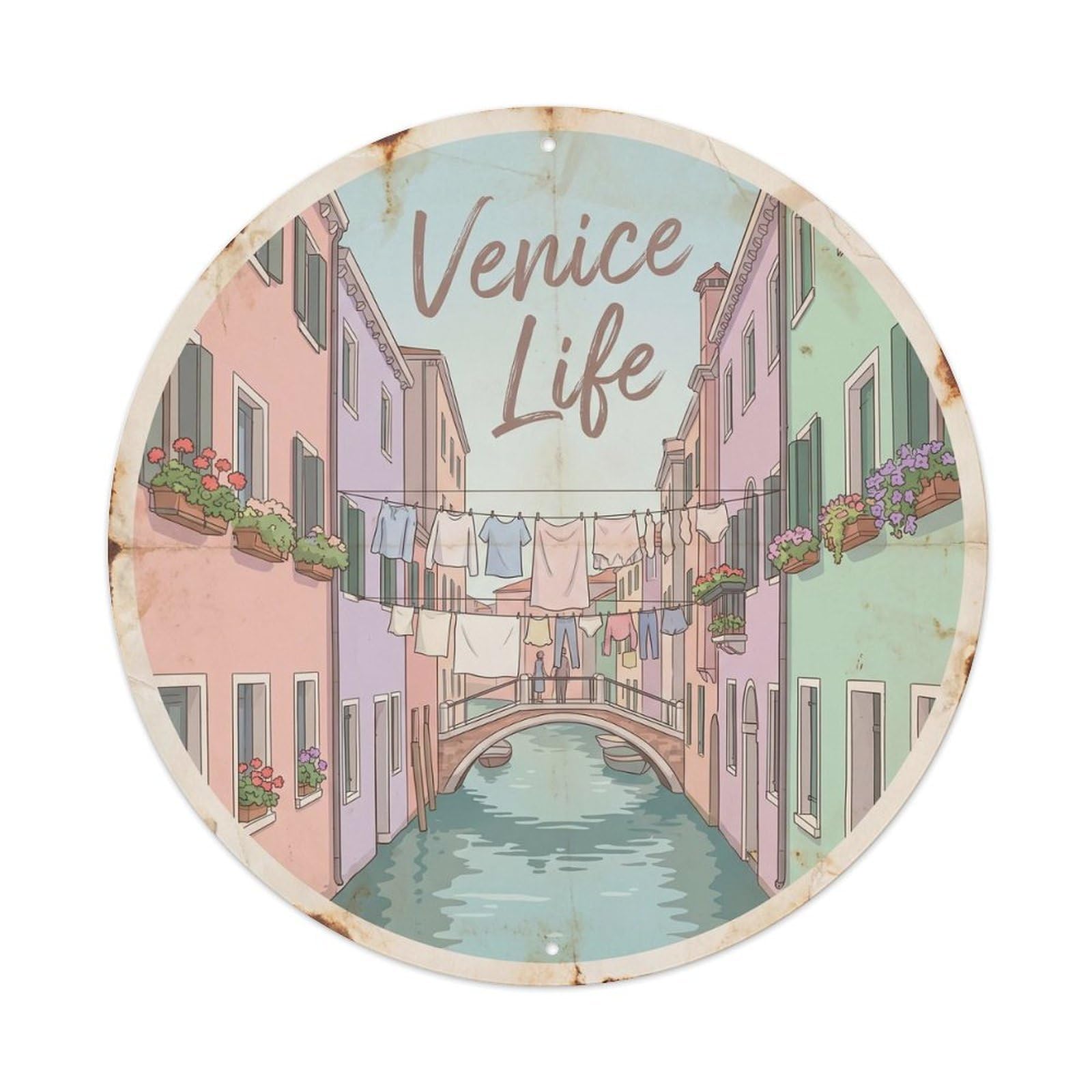 Vintage Venice Canal Gondola Italian Lagoon Travel Classic Metal Tin Sign Plaque Wall Decor for Cafe, Man Cave, Club Bar, Office, Home Garden Round Metal Poster 8x8Inch