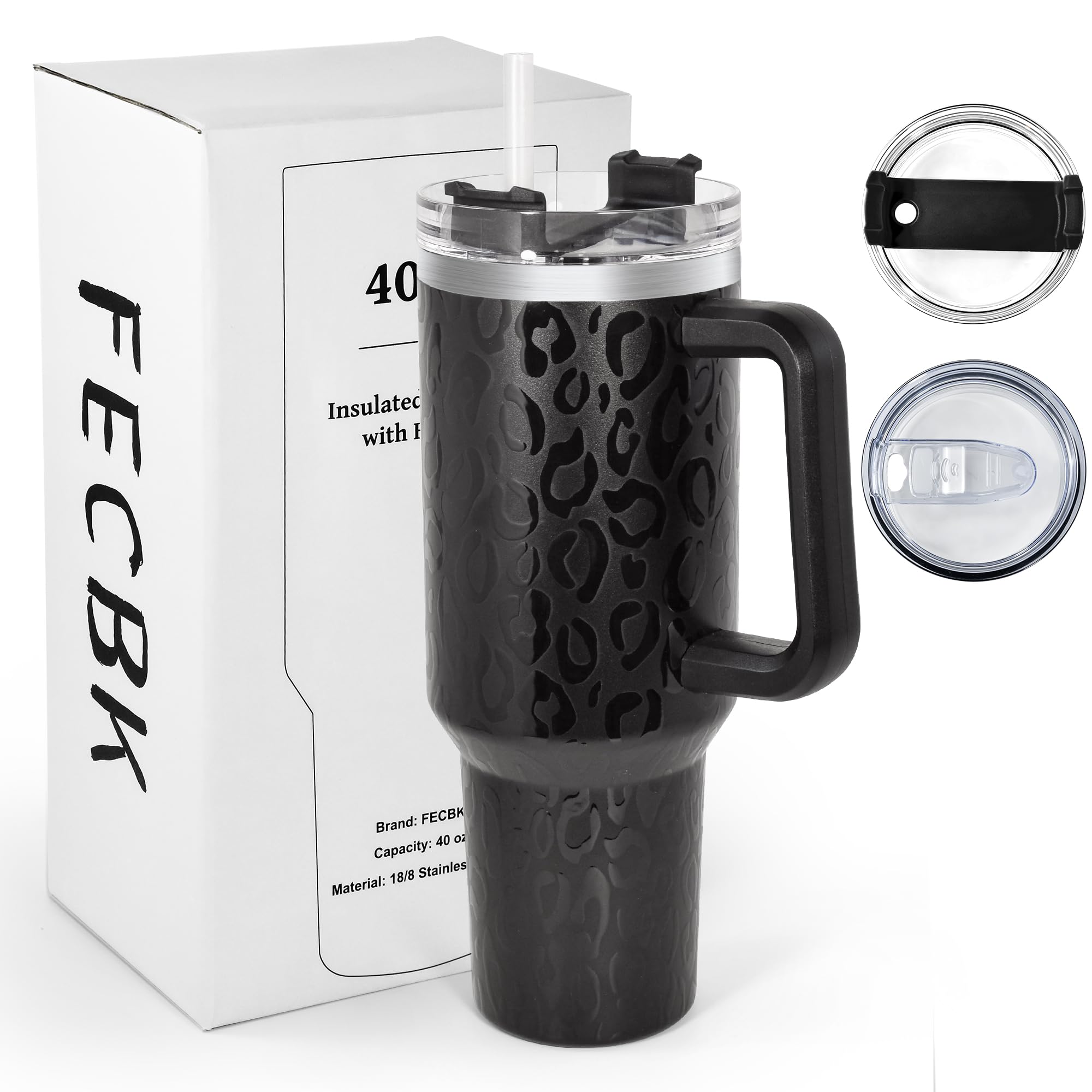 Mug Isotherme avec Paille et Poignée 1.2L, Tasse Isotherme 100% Anti-fuite, 34 Heures Froid, 12 Heures Chaud, Gobelet en Acier Inoxydable, Léopard Tout Noir