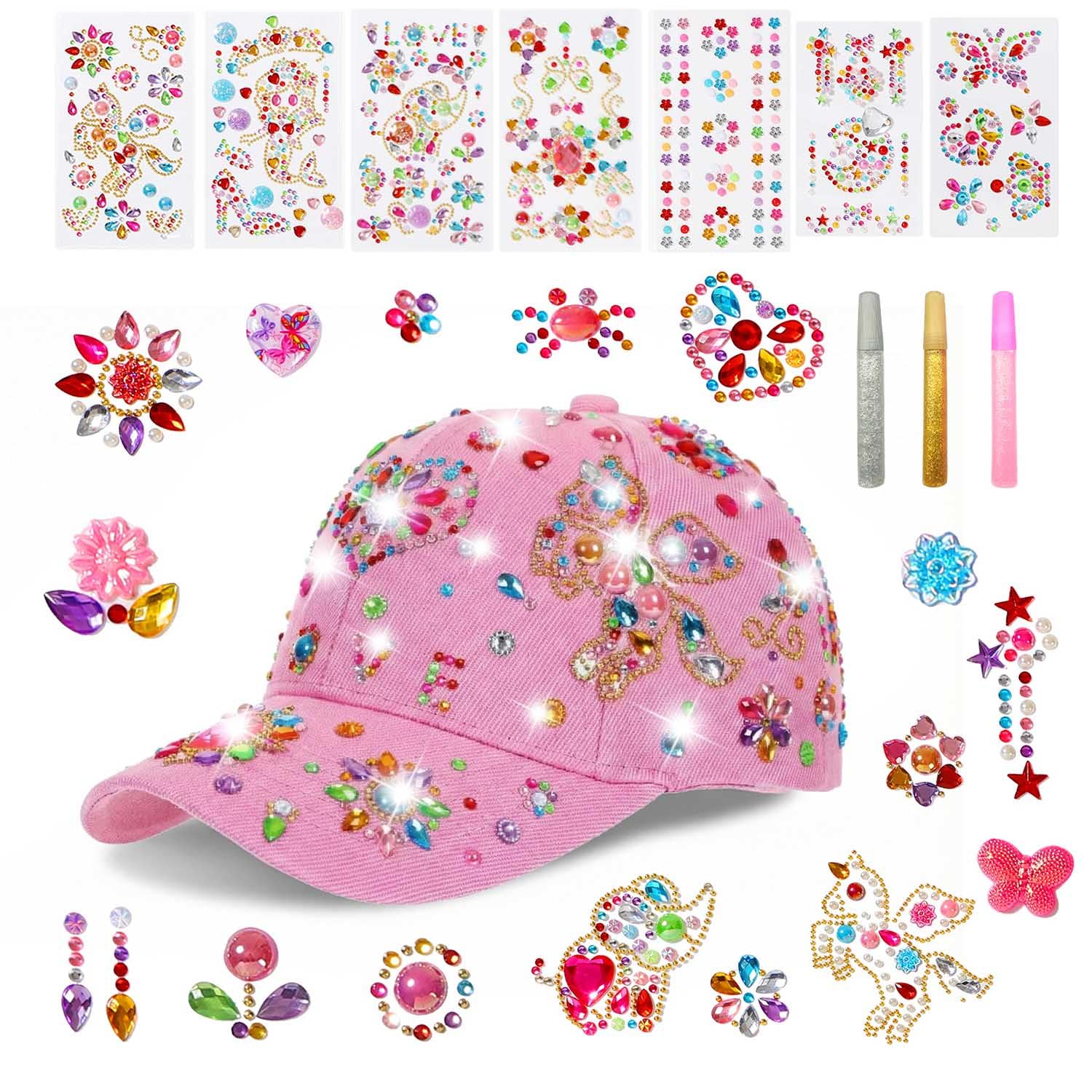 DIY Gem Baseball Cap Craft Kit for Girls, Decorate Your Own Hat with Mermaid Unicorn Rhinestone Stickers, Kid Arts & Crafts for Girl Age 4-12, Trend DIY Tween Gift Toys Supplies Birthday (Pink)