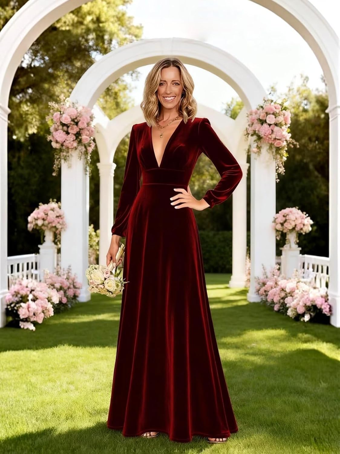 Bedlover Velvet Maxi Bridesmaid Dresses for Women Fall Long Sleeve V Neck Formal Evening Party Gowns