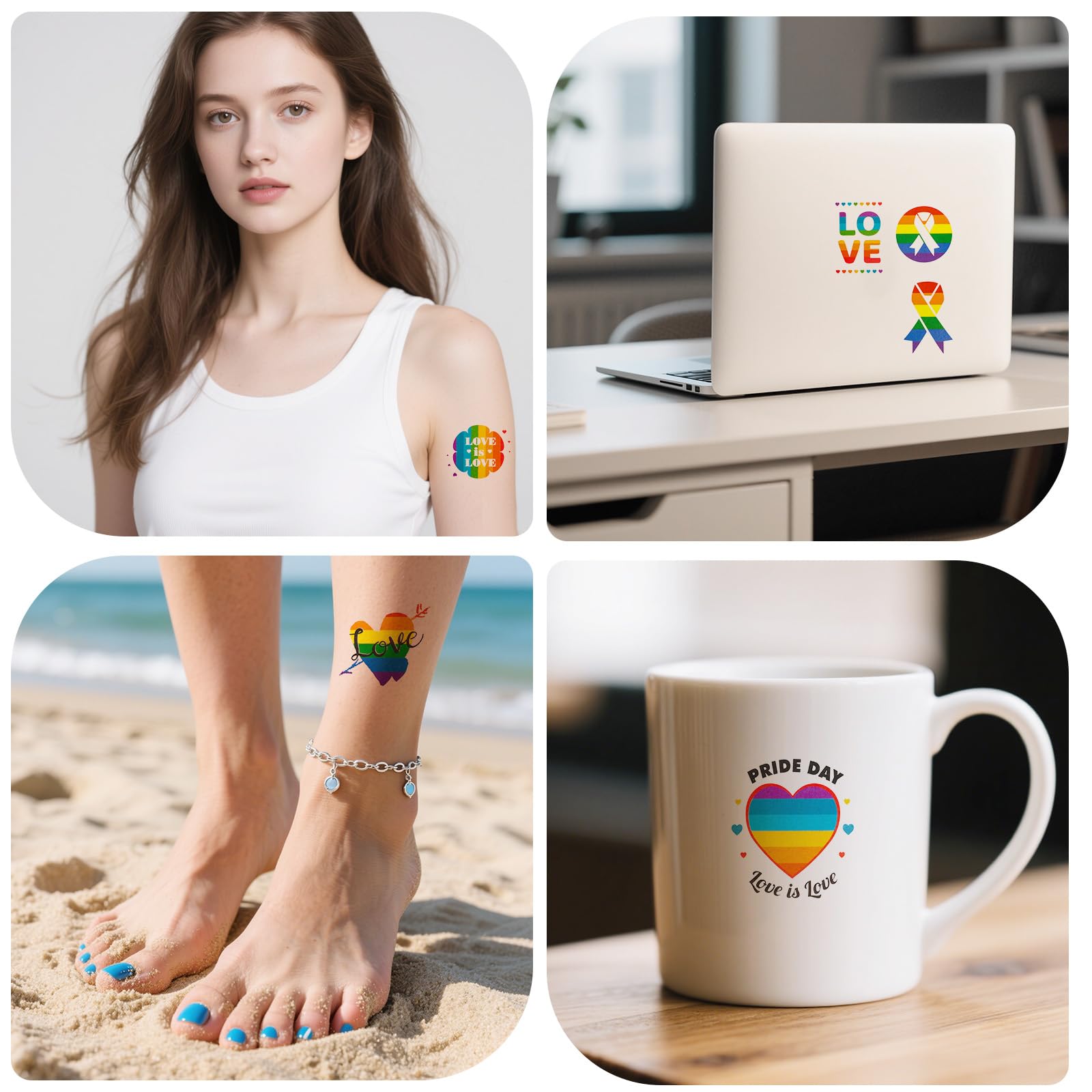 BOXOB 7 Arkuszy Pride Rainbow Temporary Tattoos, Naklejki LGBTQ Tattoos z Tęczową Flagą Love Heart Patterns na Parady Gay Pride Month Festiwale Upominki na Przyjęcia