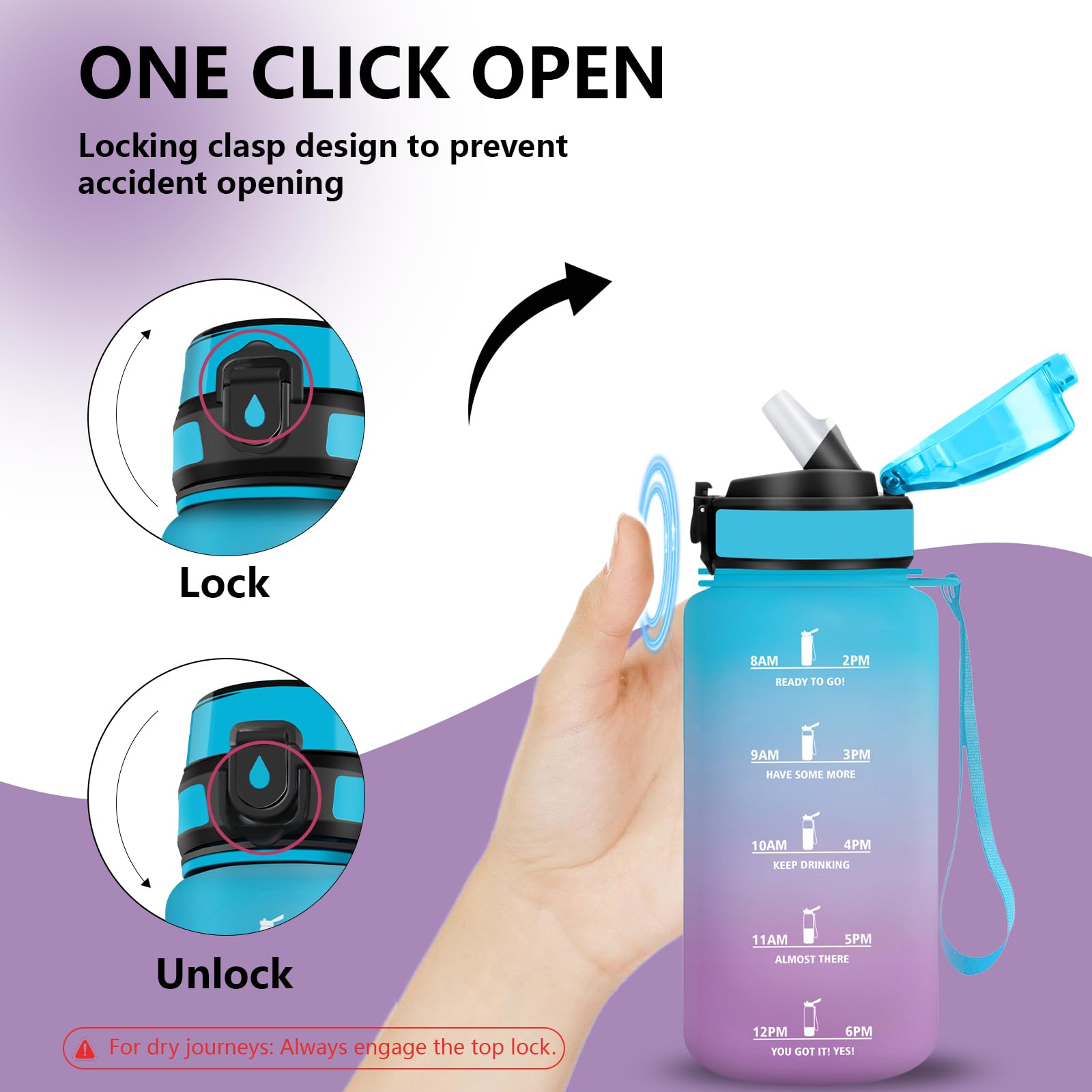 Botella Agua Niños, Portátil Botella Agua 500ml, A Prueba de Fugas Cantimplora con Pajita, Diseño de Cerradura, con Marcador de Tiempo, Cantimplora para Cámping, Exterior, Viaje - 5