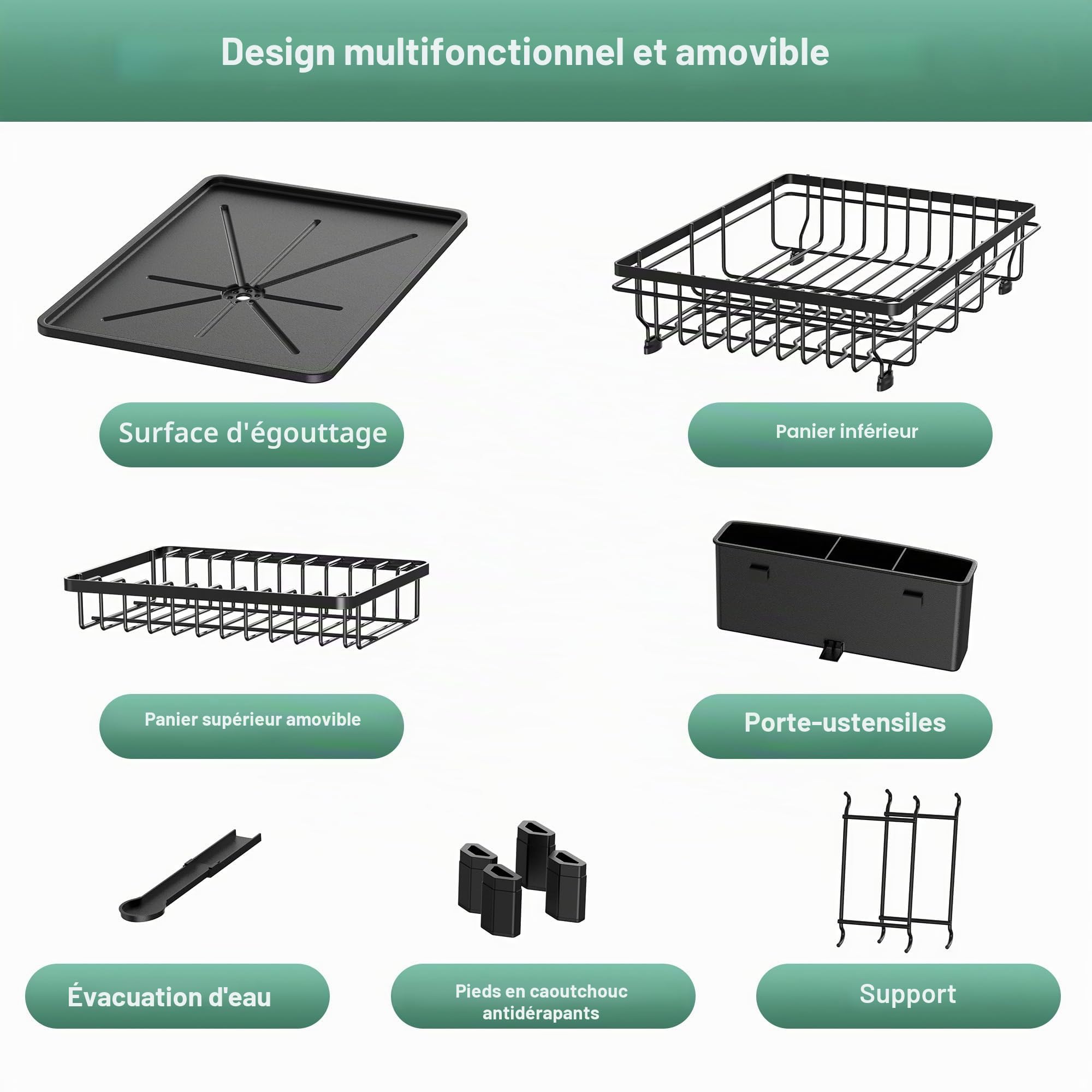 Rottogoon Grand égouttoir à Vaisselle à 2 Niveaux en Acier Inoxydable pour comptoir de Cuisine, égouttoir à Vaisselle Durable avec égouttoir, Porte-ustensiles pour Divers ustensiles de Cuisine, Noir