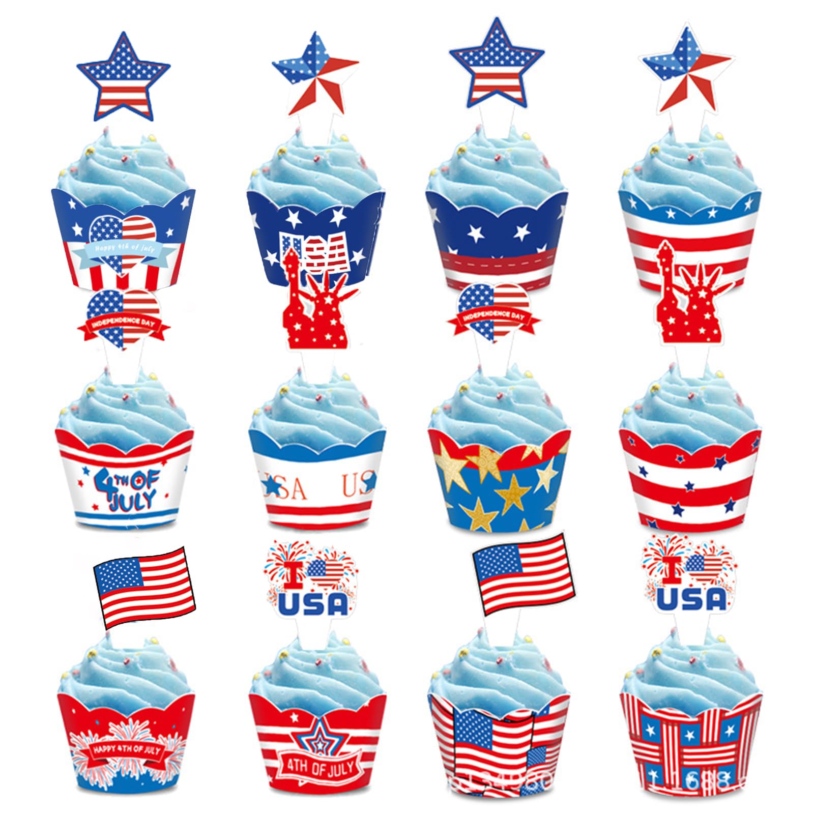 Generic 24 PCS 4th of July Cupcake Toppers Wrappers USA Patriotic Cupcake Liners for Cake Decoration Supplies, Independence Memorial Day Party Cake