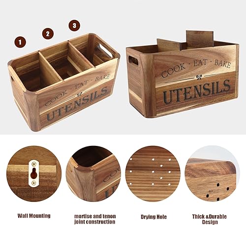Miniatura 3 de Soporte para utensilios para encimera de cocina, organizador de madera extra grande de 3 compartimentos en madera de acacia, almacenamiento para