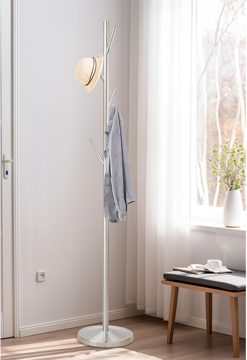 Satin Steel 68" Modern Metal Coat Rack with Umbrella Stand