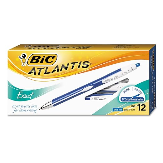 Bic Atlantis Exact - Bolígrafo de punta fina de 0,7 mm, color azul, 12 unidades