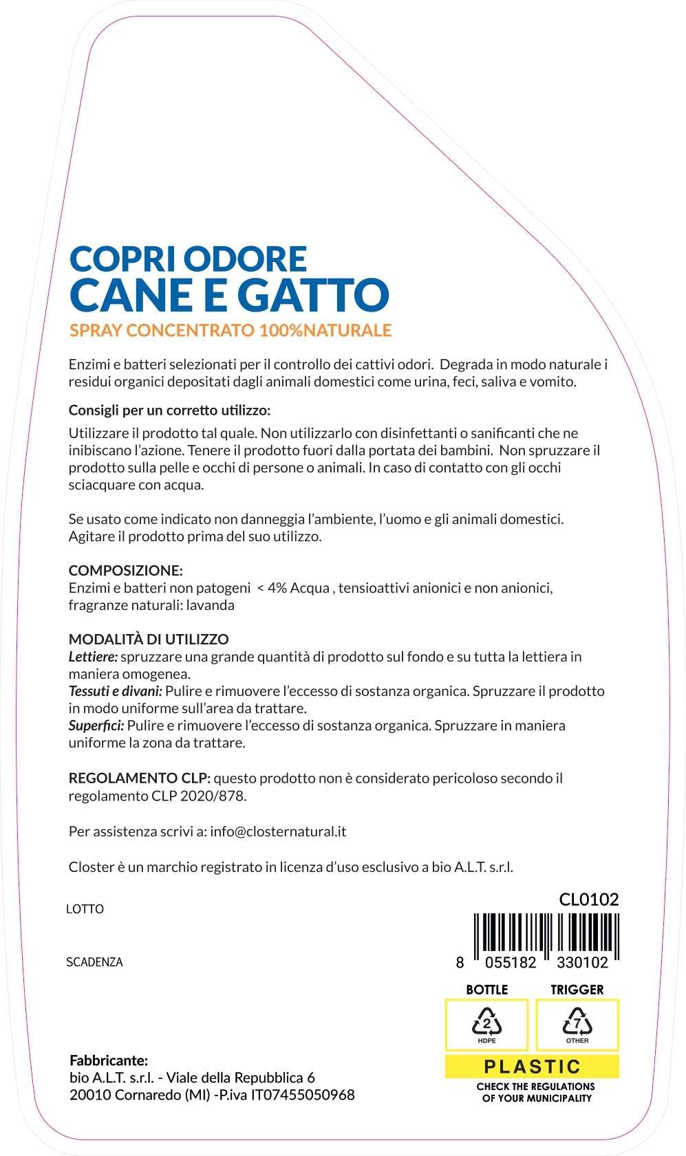 CLOSTER STOPPEE Elimina Odori e Pulisce Urina Feci Cani Gatti (750 ml) | Rimuovi Odori Igienizzante Spray per Pulizia Lettiera, Divani, Sedile Auto - Antiodore Enzimatico al Profumo di Mela Verde