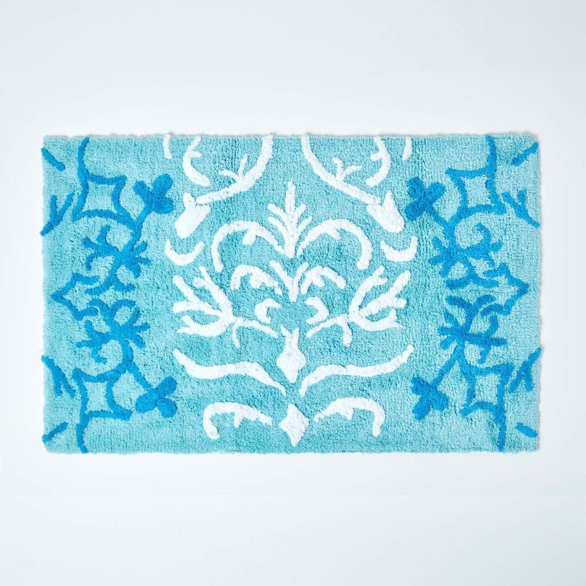 Homescapes Blue Damask Cotton Bath Mat Soft, Absorbent & Non-Slip In