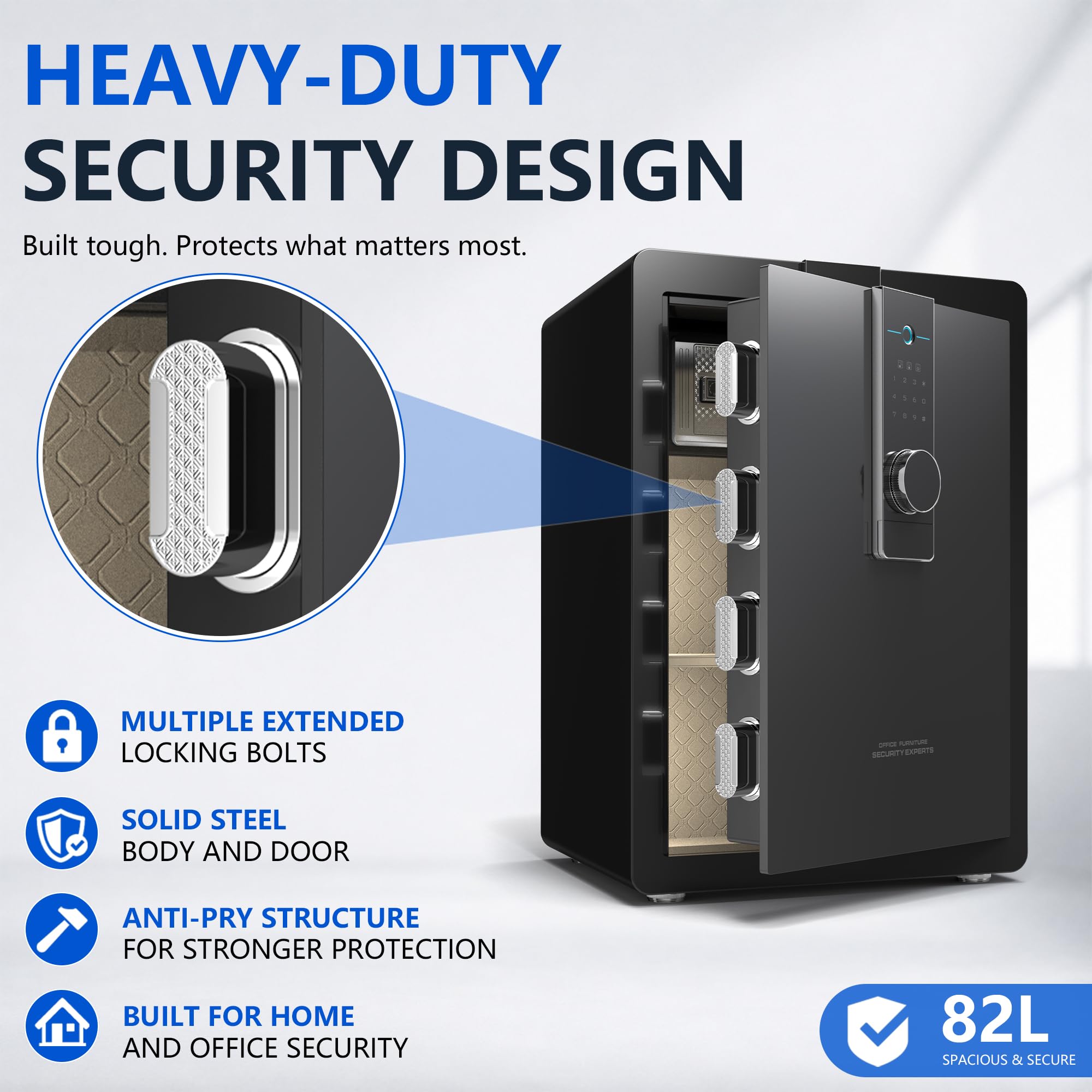 Ciężkie duże pudełko 29 kg, sejf ze stali stopowej 82 l, z biometryczną, cyfrową klawiaturą i zamkiem na klucze, do montażu na ścianie, do domu, biura, biznesu, biżuterii, gotówki i dokumentów (czarna