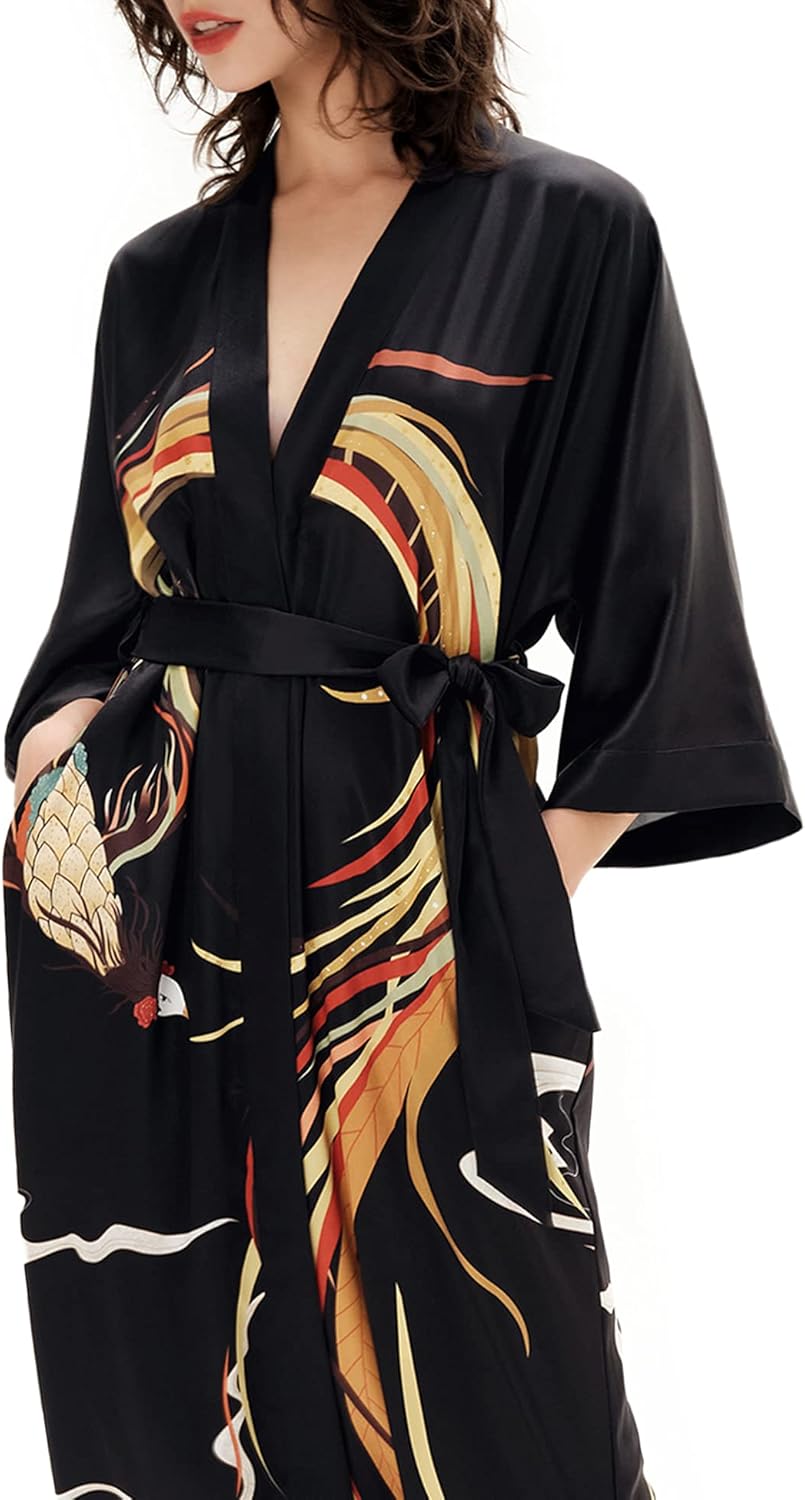 PRODESIGN Long Kimono Robe Satin Sleepwear Phoenix Handprinted Silky Nightgown Bathrobe Blouse Cardigan for Women - Image 4