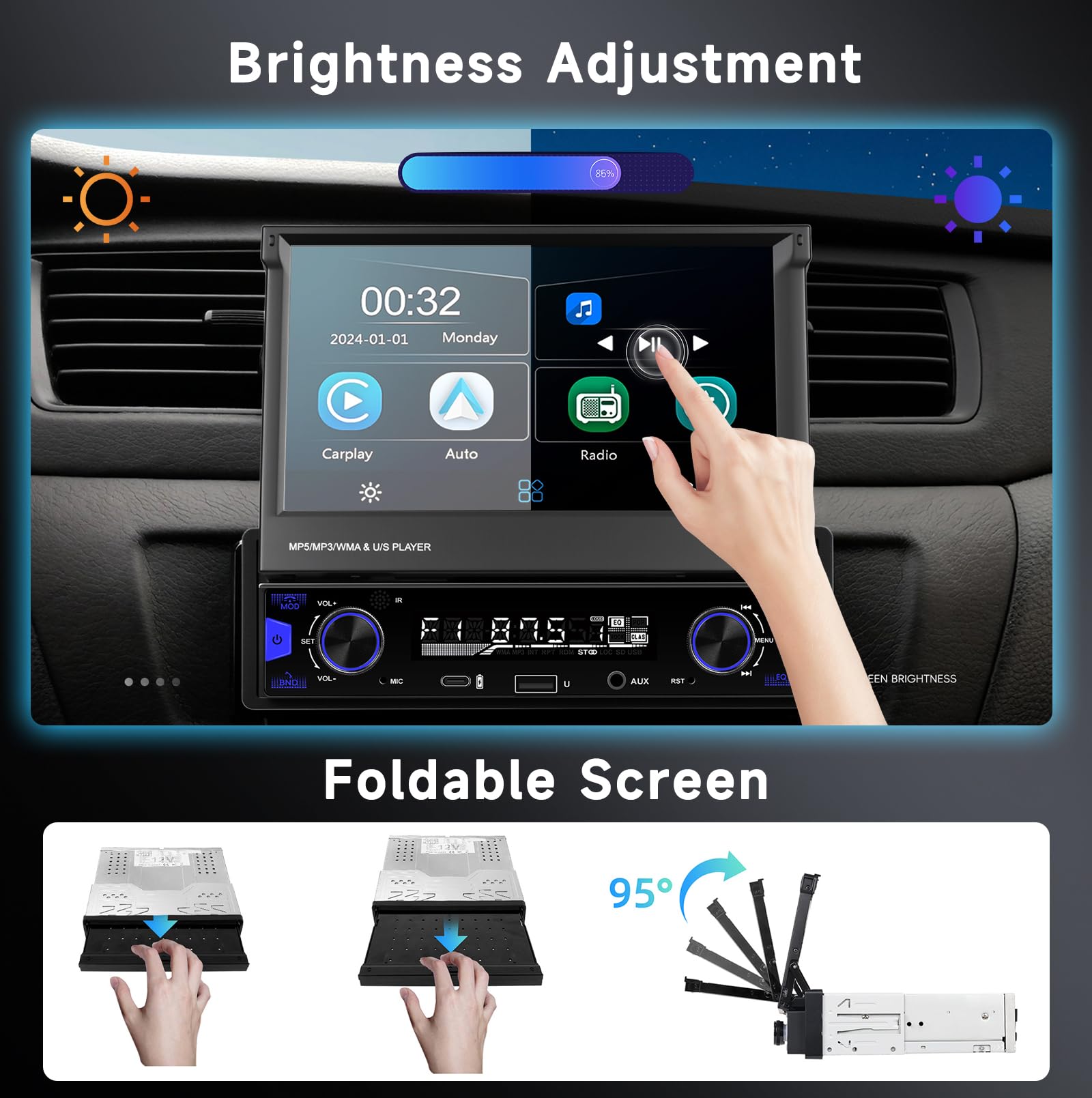 Hodozzy sans Fil Carplay Autoradio 1 din avec Écran Rétractable anuel Hodozzy sans Fil Carplay Autoradio 1 din avec Écran Rétractable anuel