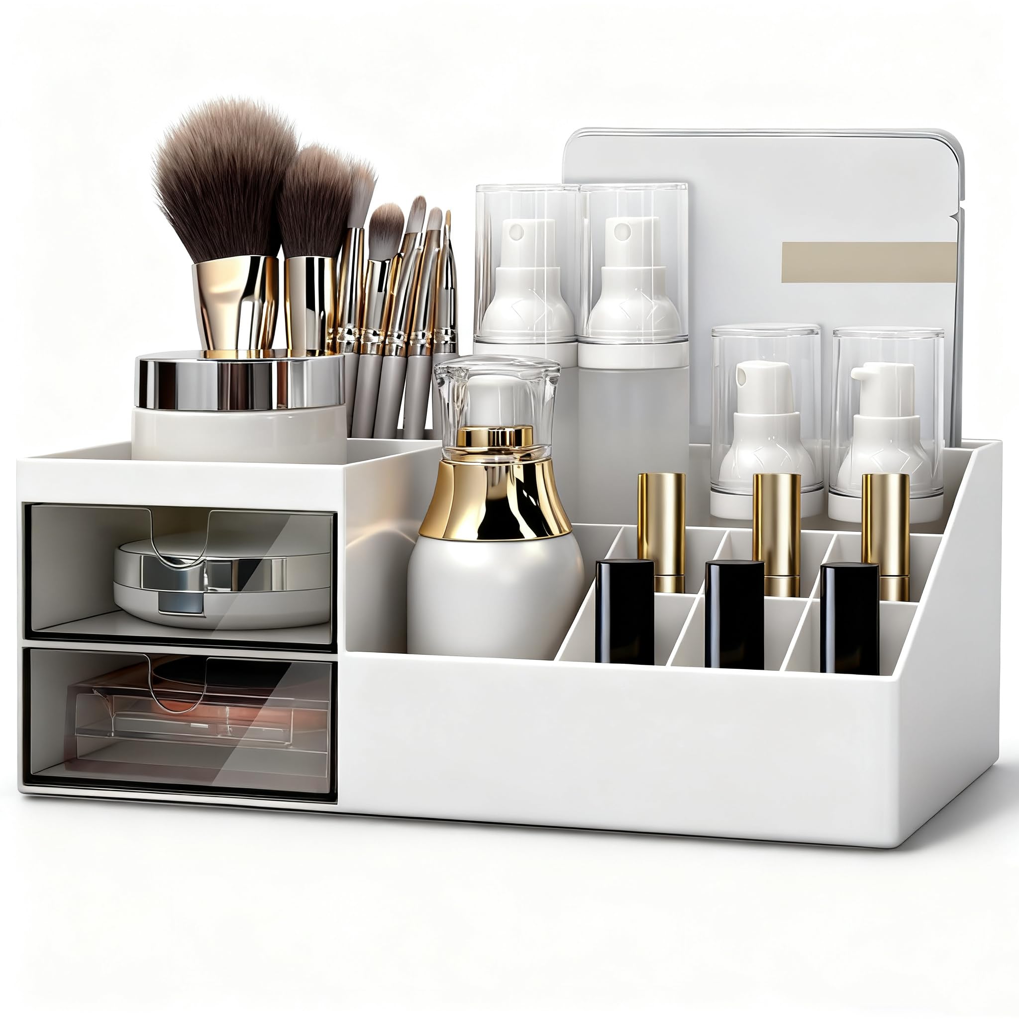 Makeup Organiser Large Cosmetic Brush Holder Display Storage Box Bag Bathroom Dresser Desk Office Storage Organizer with 2 Drawers and 11 Compartments (White)
