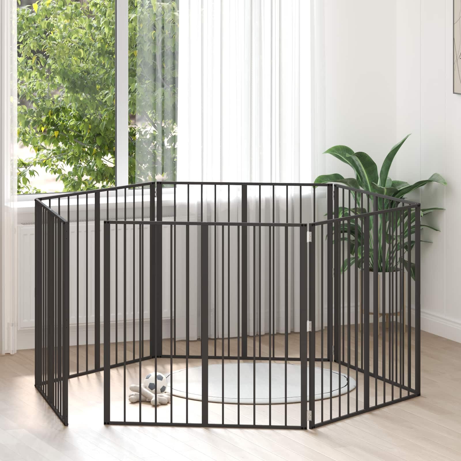 Hundetor Set 6 teilig Schwarz aus verzinktem Stahl, 100 x 100 cm, faltbares Hundezwinger Hundegehege Welpenauslauf für Hundeauslauf, Gartenzaun und sichere Raumtrennung