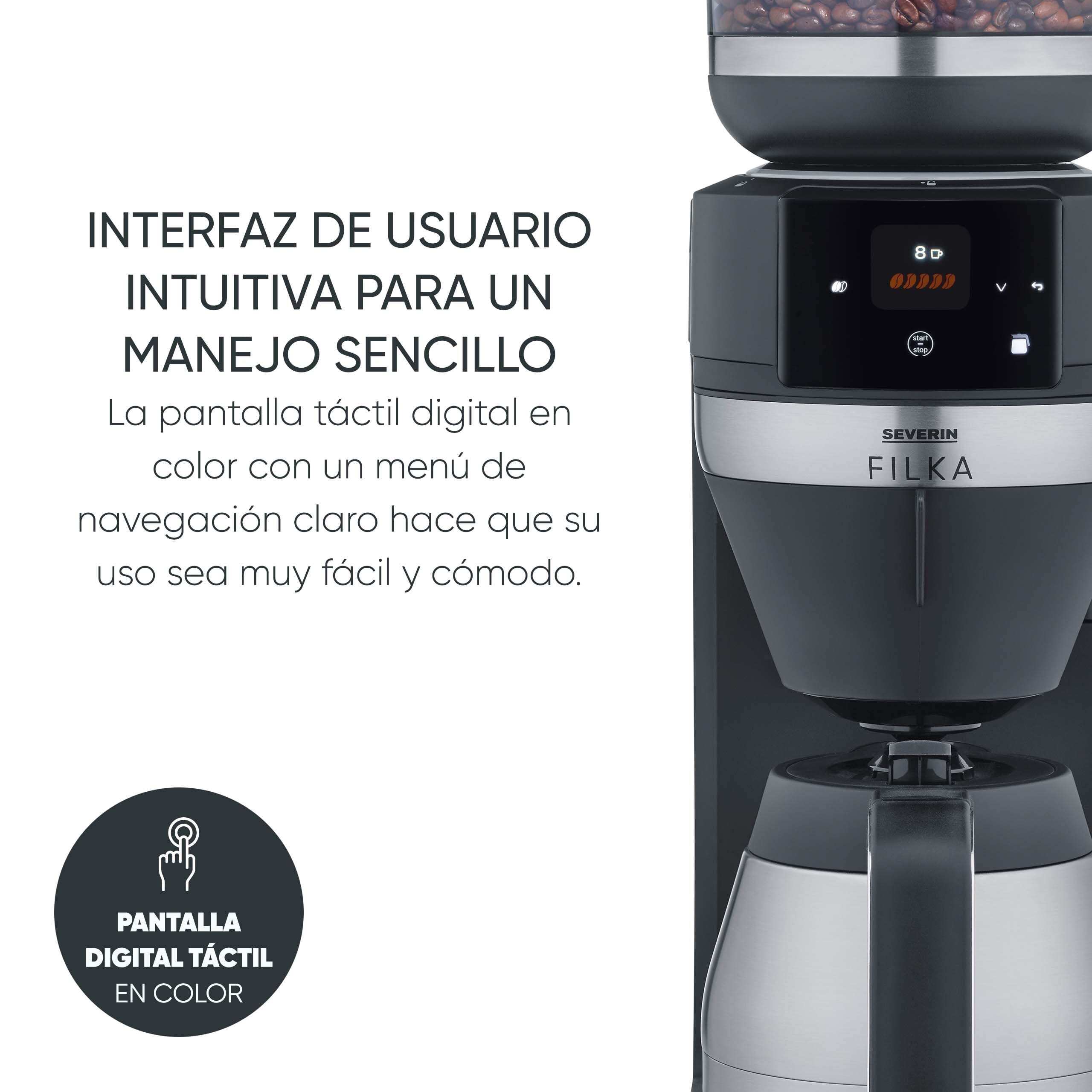 SEVERIN FILKA, cafetera de filtro totalmente automática, cafetera de filtro 5 en 1 con pantalla LED, molinillo, con jarra termo, negro mate/acero inoxidable, KA 9695