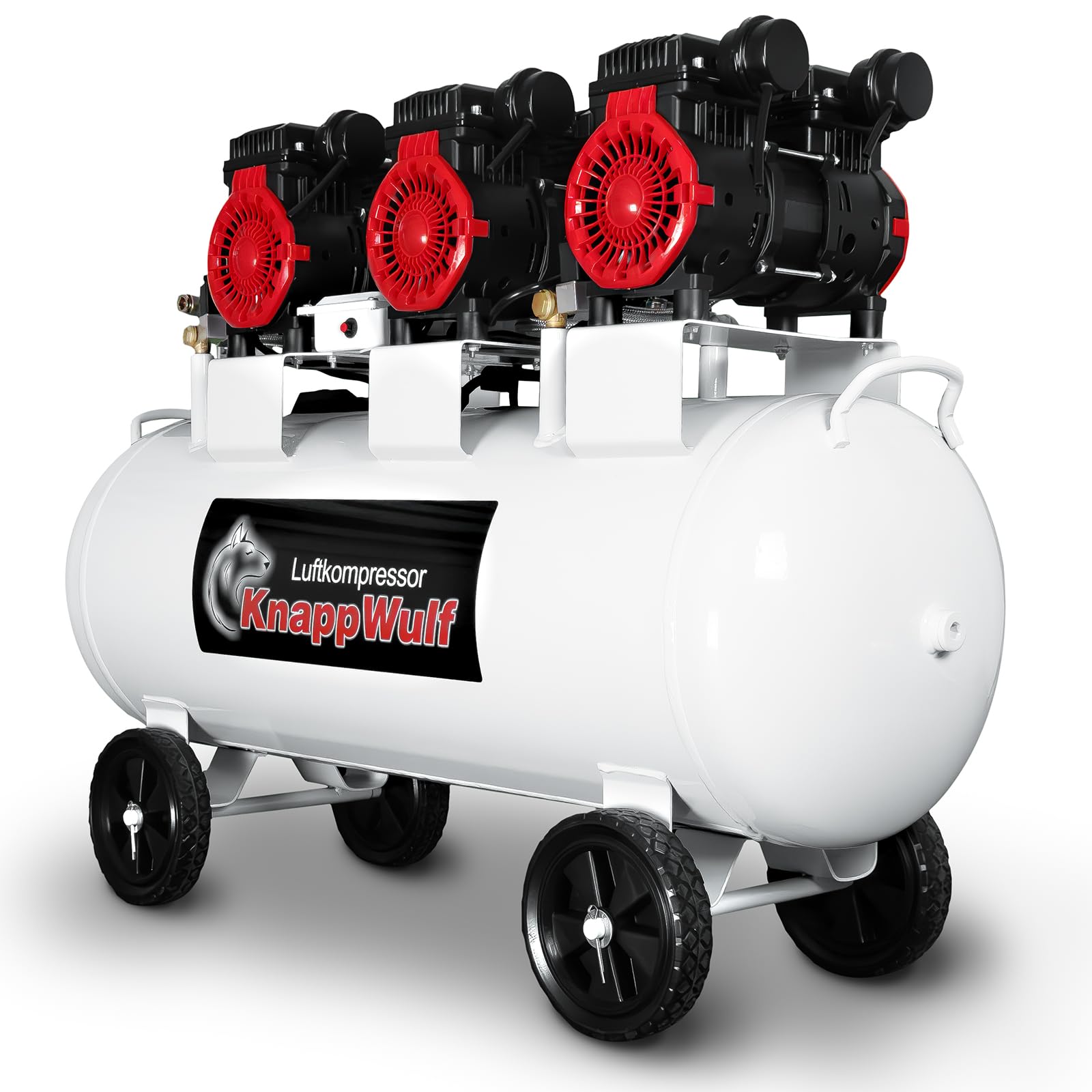 KnappWulf Compresor silencioso Compresor Compresor de aire KW4100 con caldera de 100L, 3300W, 10 bar, 660L/min, sin aceite, incluye separador de agua, reductor de presión, grifo de drenaje de