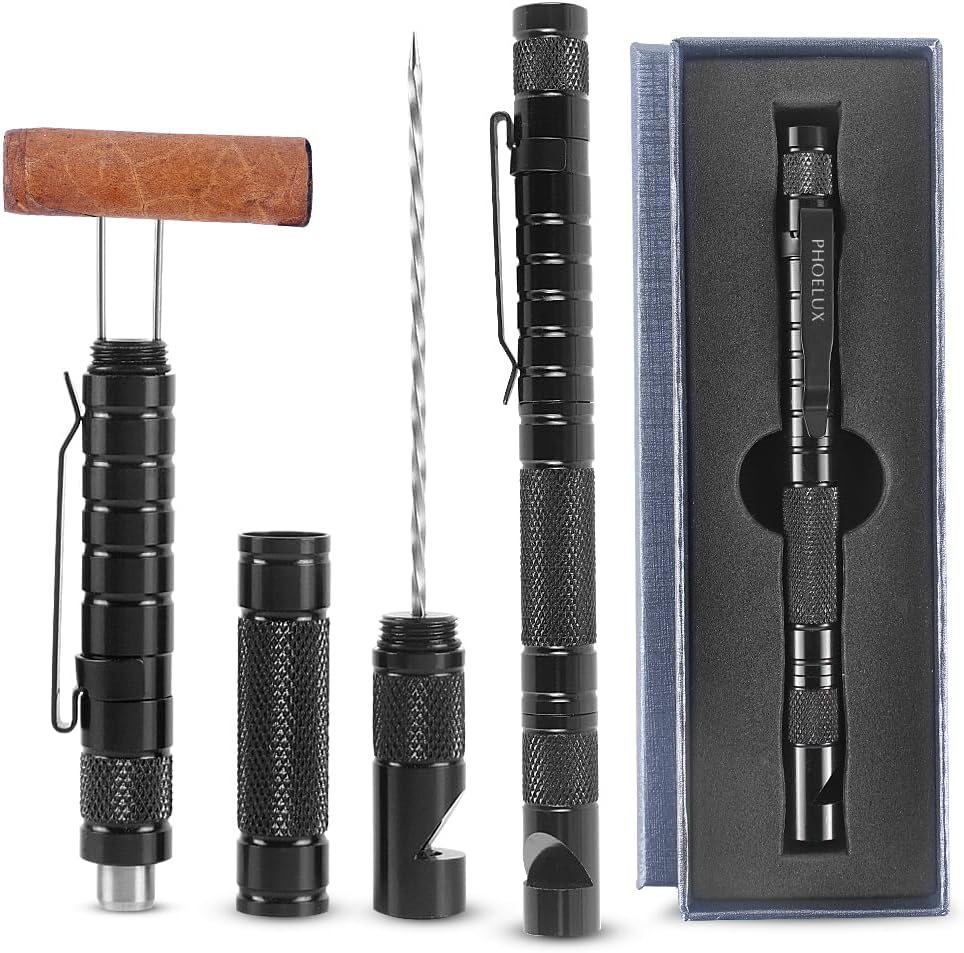 Cigar Punch Multitool Tool 6-in-1 Draw Enhancer Tool (Black and Red)-Cigar Punch, Twin Needle, Cigar Draw Enhancer Cutter, Whistle and Clip with Gift Box