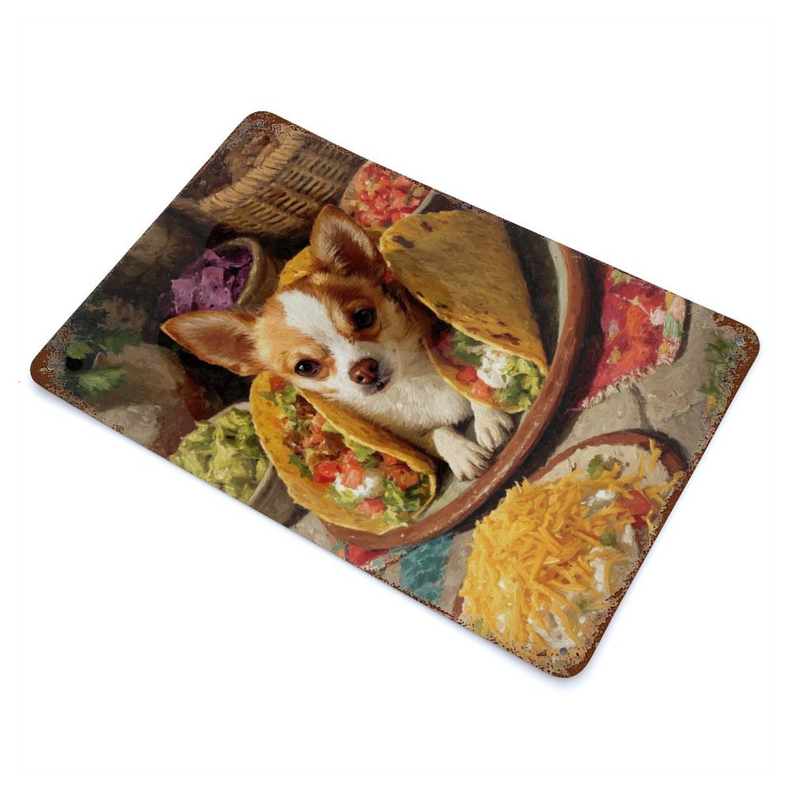 Garage Style Chihuahua in Tacos Still Life Distressed Metal Wall Sign 11.8"x7.9", Decorative Metal Wall Art for Bar And Workshop
